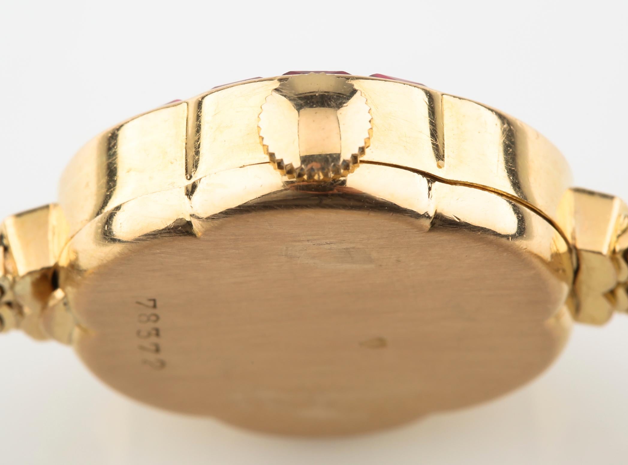 LIP Ruby Bezel Hand-Winding 18 Karat Yellow Gold Women's Watch with Gold Band In Good Condition For Sale In Sherman Oaks, CA