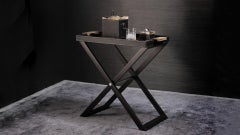 Lipari Butlers Serving Table with Tray in Ebony Veneer & Leather by Arcahorn