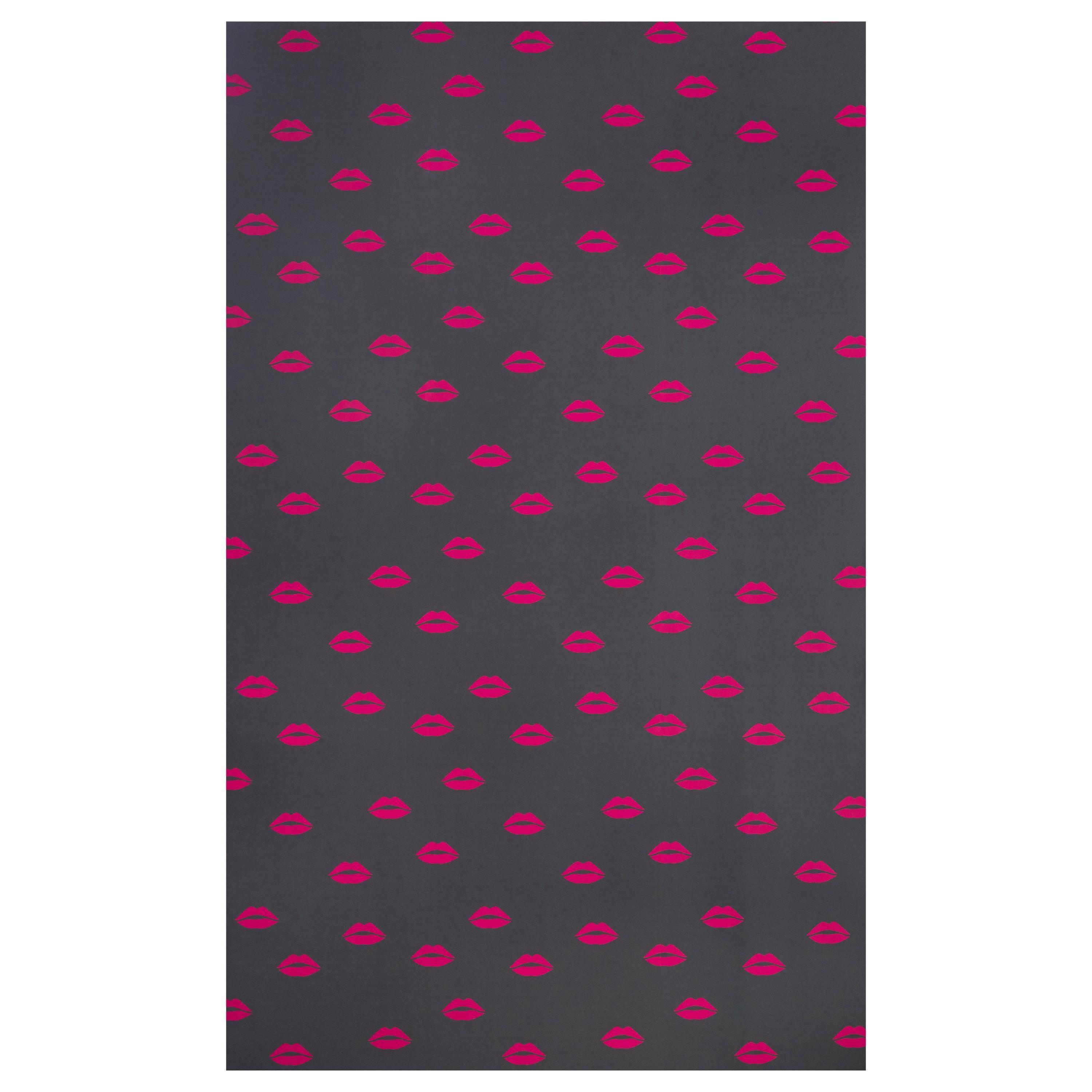 'Lips' Contemporary, Traditional Wallpaper in Hot Pink on Grey  For Sale