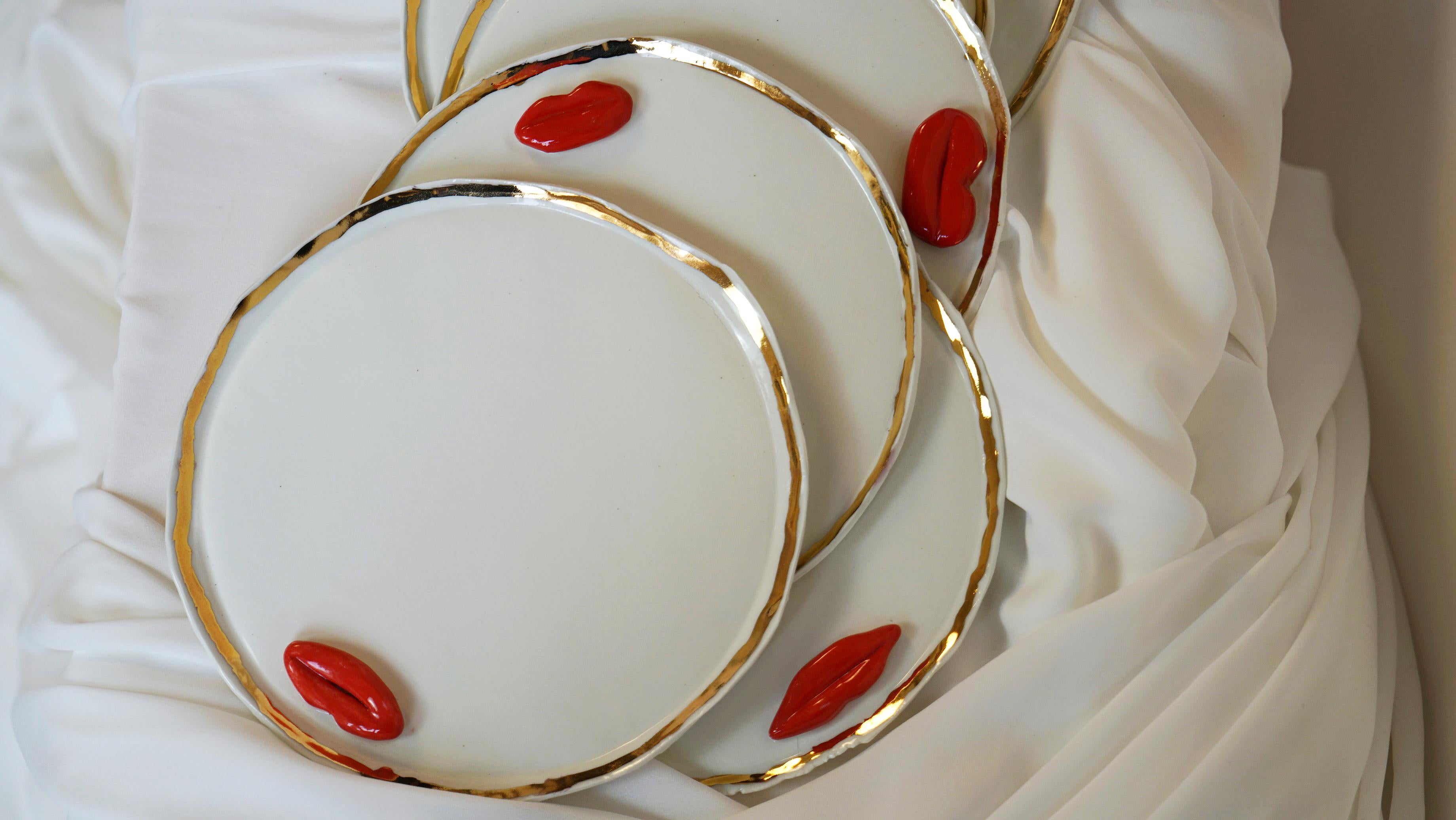 Lips Desert Plates in White Porcelain by artist - designer Hania Jneid For Sale 4