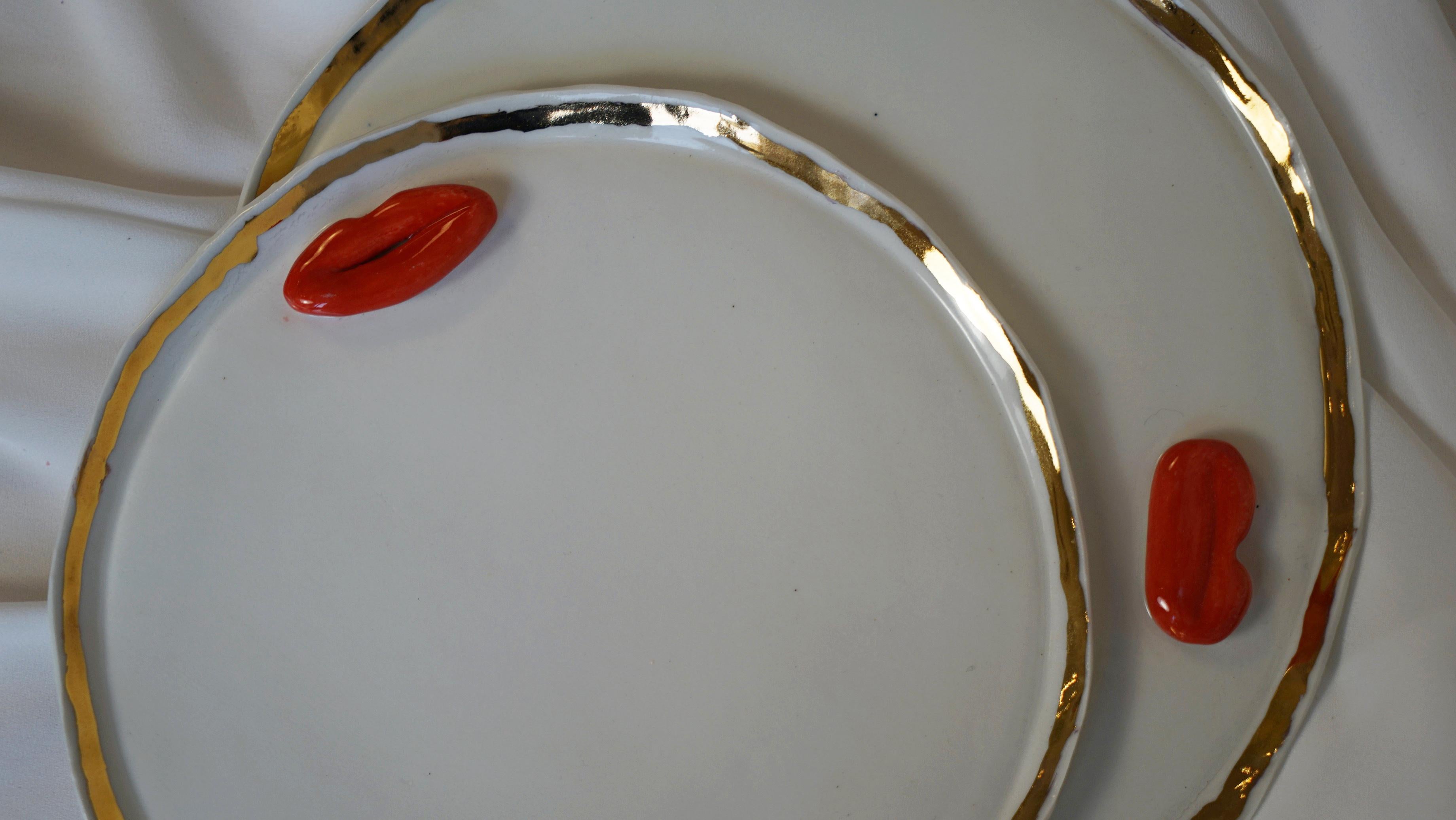 Post-Modern Lips Desert Plates in White Porcelain by artist - designer Hania Jneid For Sale
