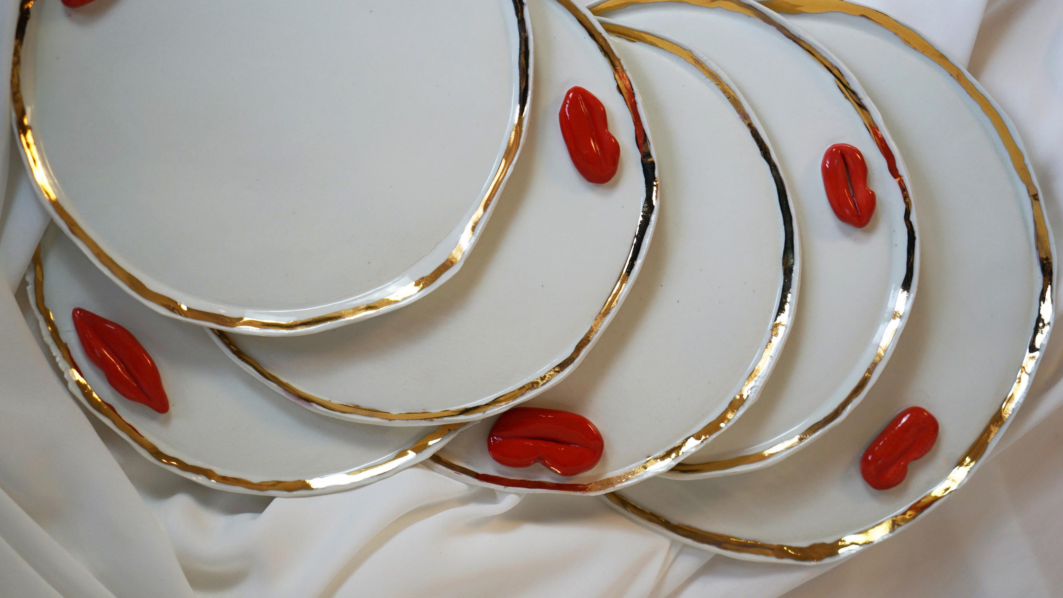 Lips Desert Plates in White Porcelain by artist - designer Hania Jneid For Sale 5