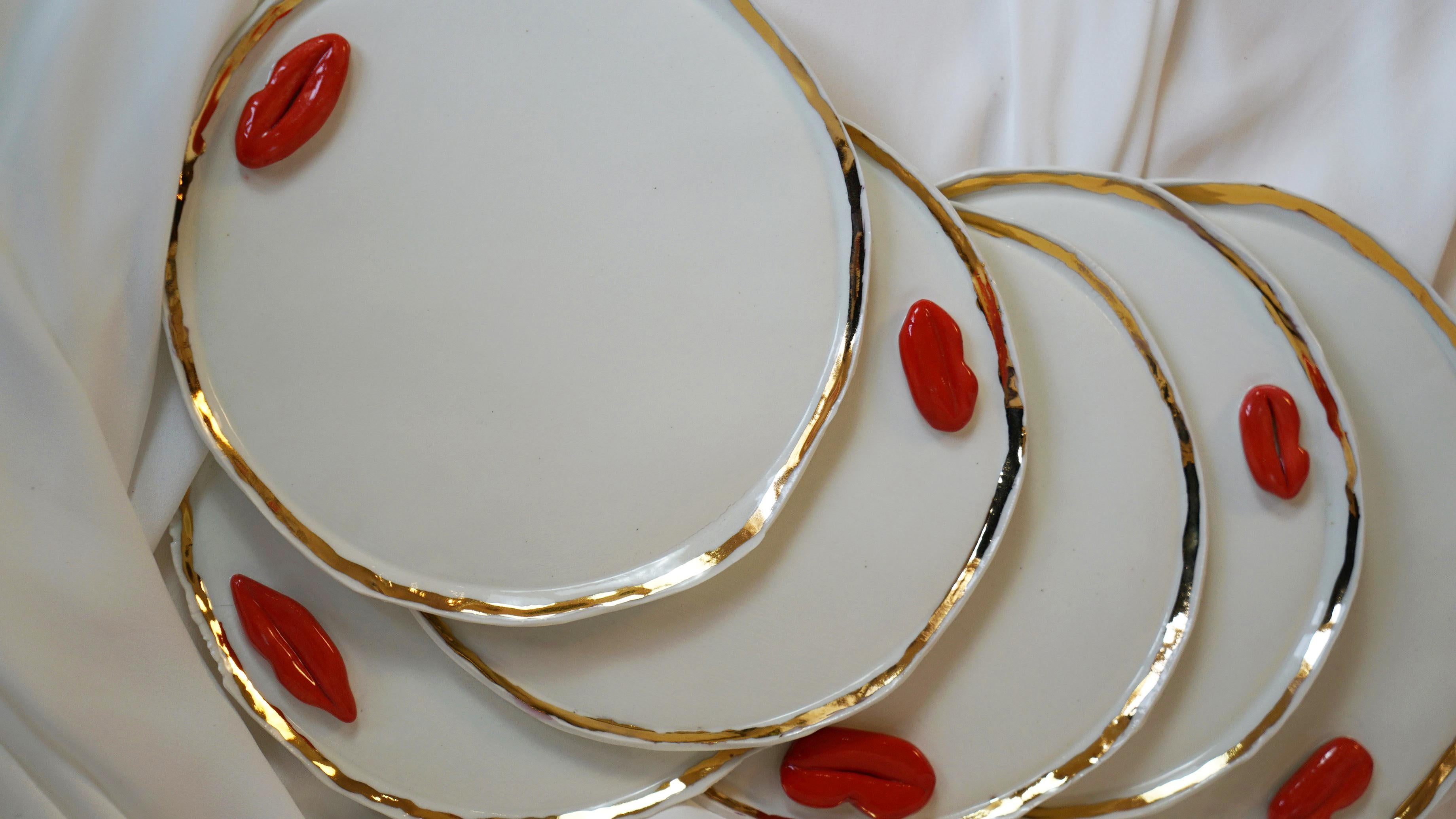 Lips Desert Plates in White Porcelain by artist - designer Hania Jneid For Sale 11