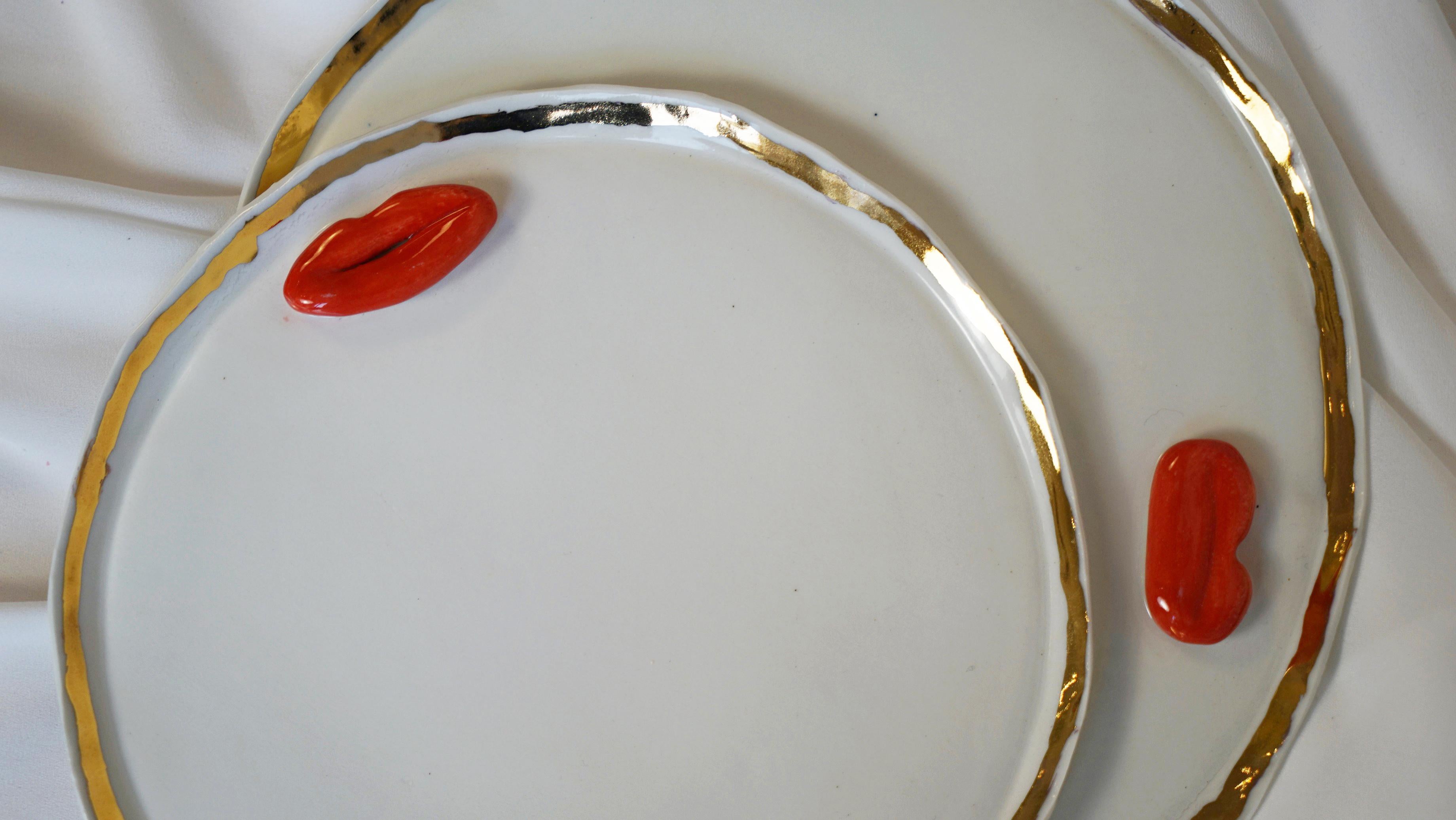 Hand-Crafted Lips Desert Plates in White Porcelain by artist - designer Hania Jneid For Sale
