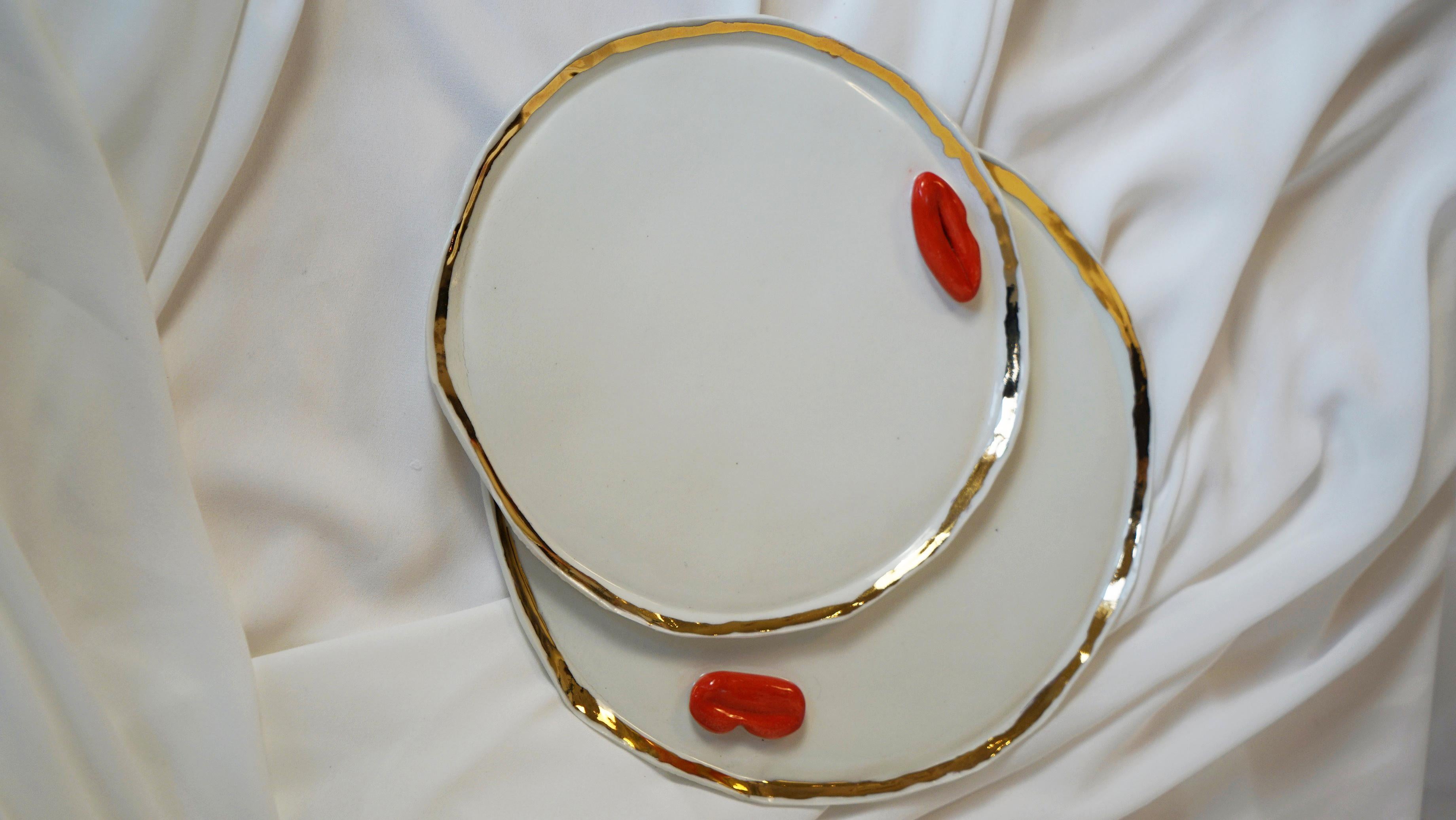 Contemporary Lips Desert Plates in White Porcelain by artist - designer Hania Jneid For Sale