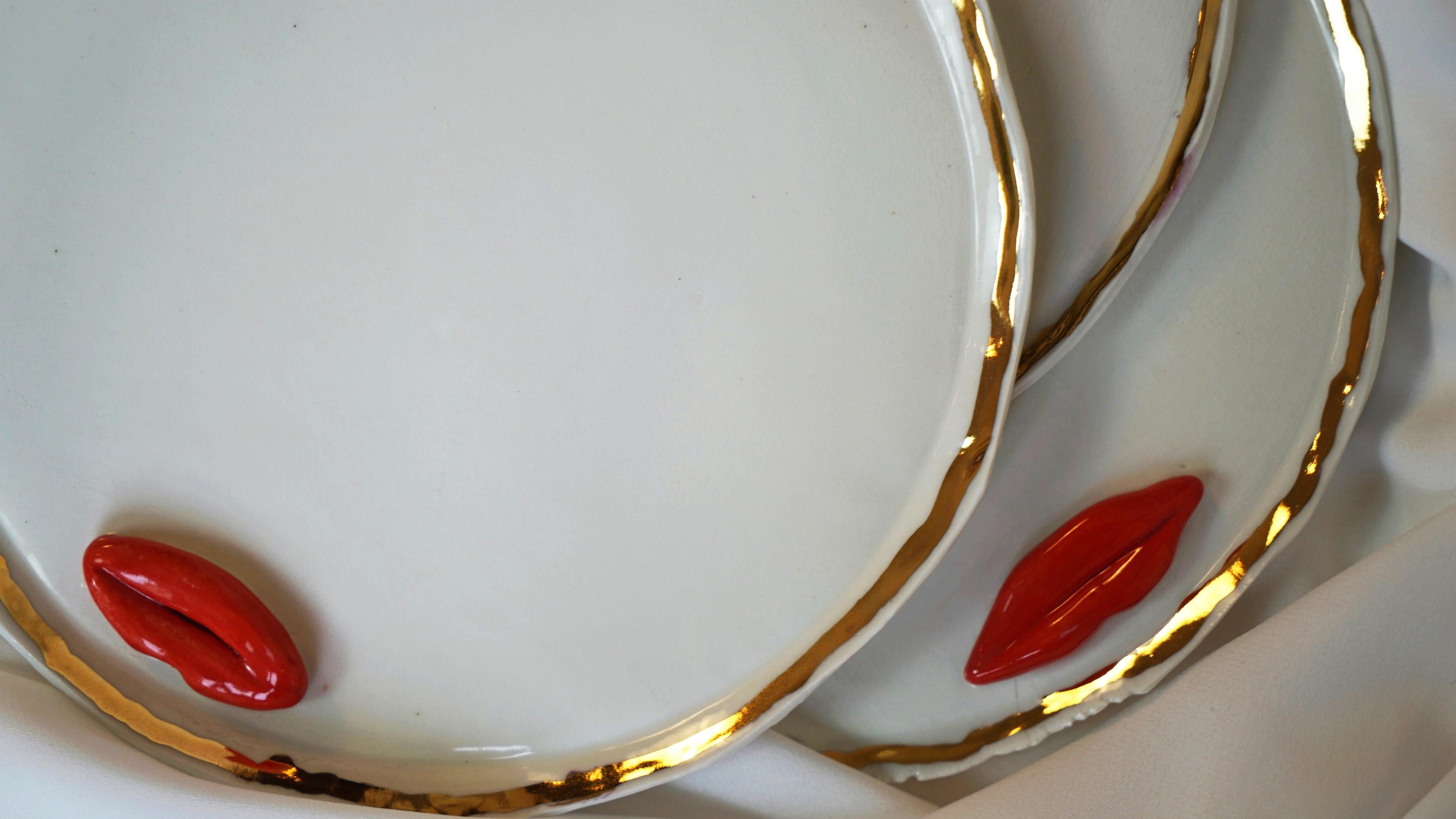 Lips Desert Plates in White Porcelain by artist - designer Hania Jneid For Sale 1