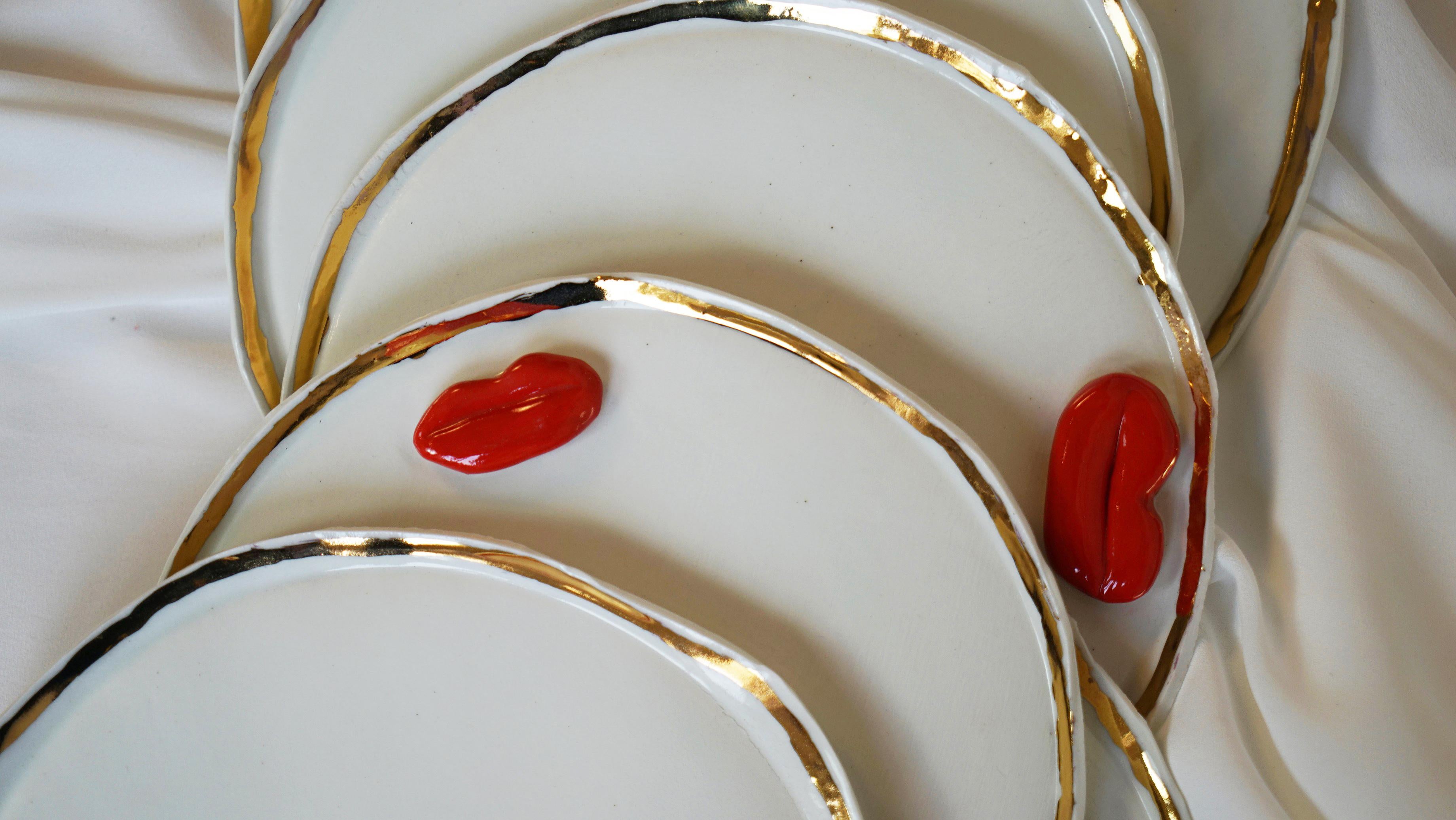Lips Desert Plates in White Porcelain by artist - designer Hania Jneid For Sale 2