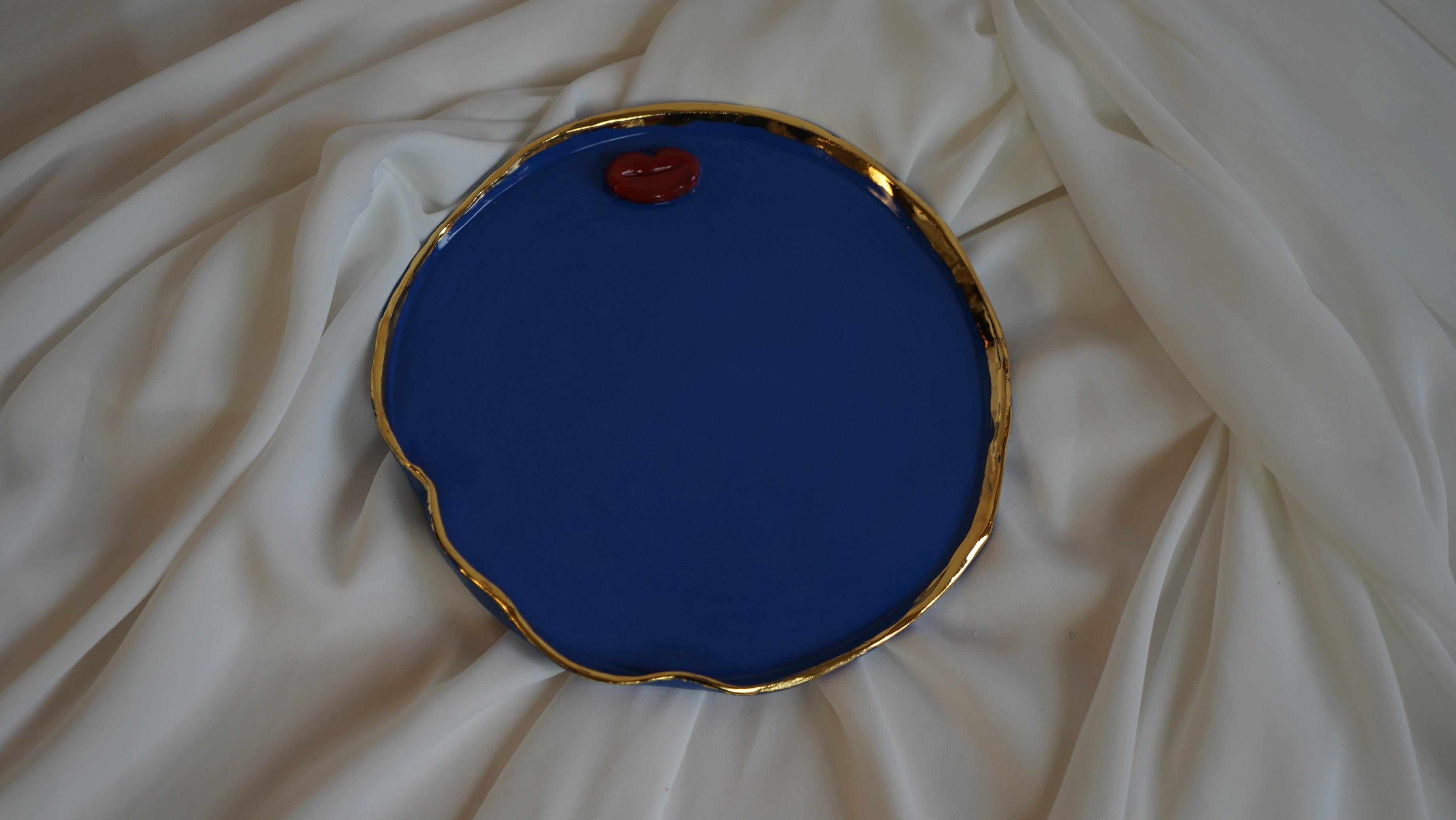 Lips Desert Plates in Blue Porcelain by artist - designer Hania Jneid For Sale 6