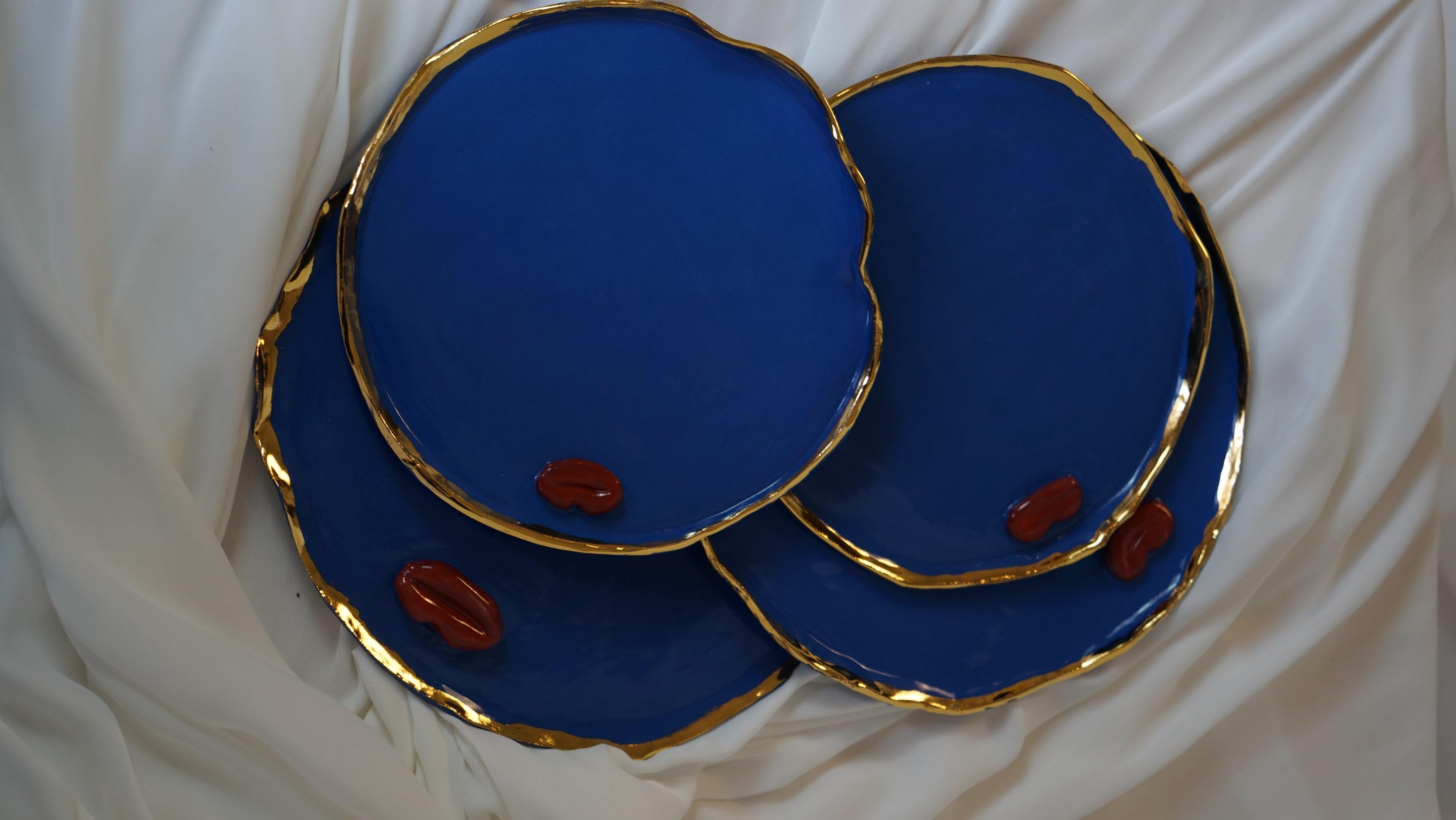 Lips Desert Plates in Blue Porcelain by artist - designer Hania Jneid For Sale 7