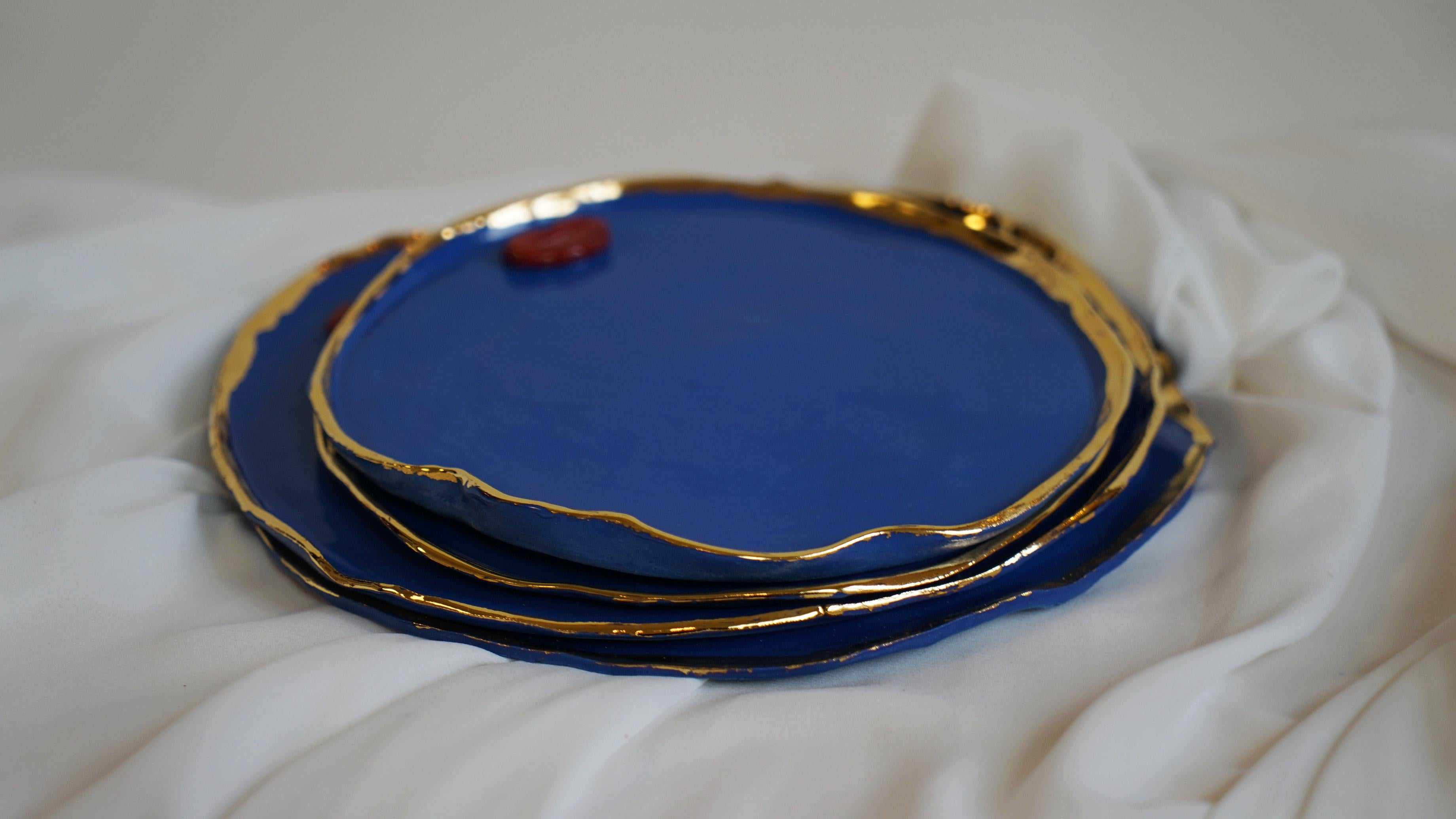 Post-Modern Lips Desert Plates in Blue Porcelain by artist - designer Hania Jneid For Sale