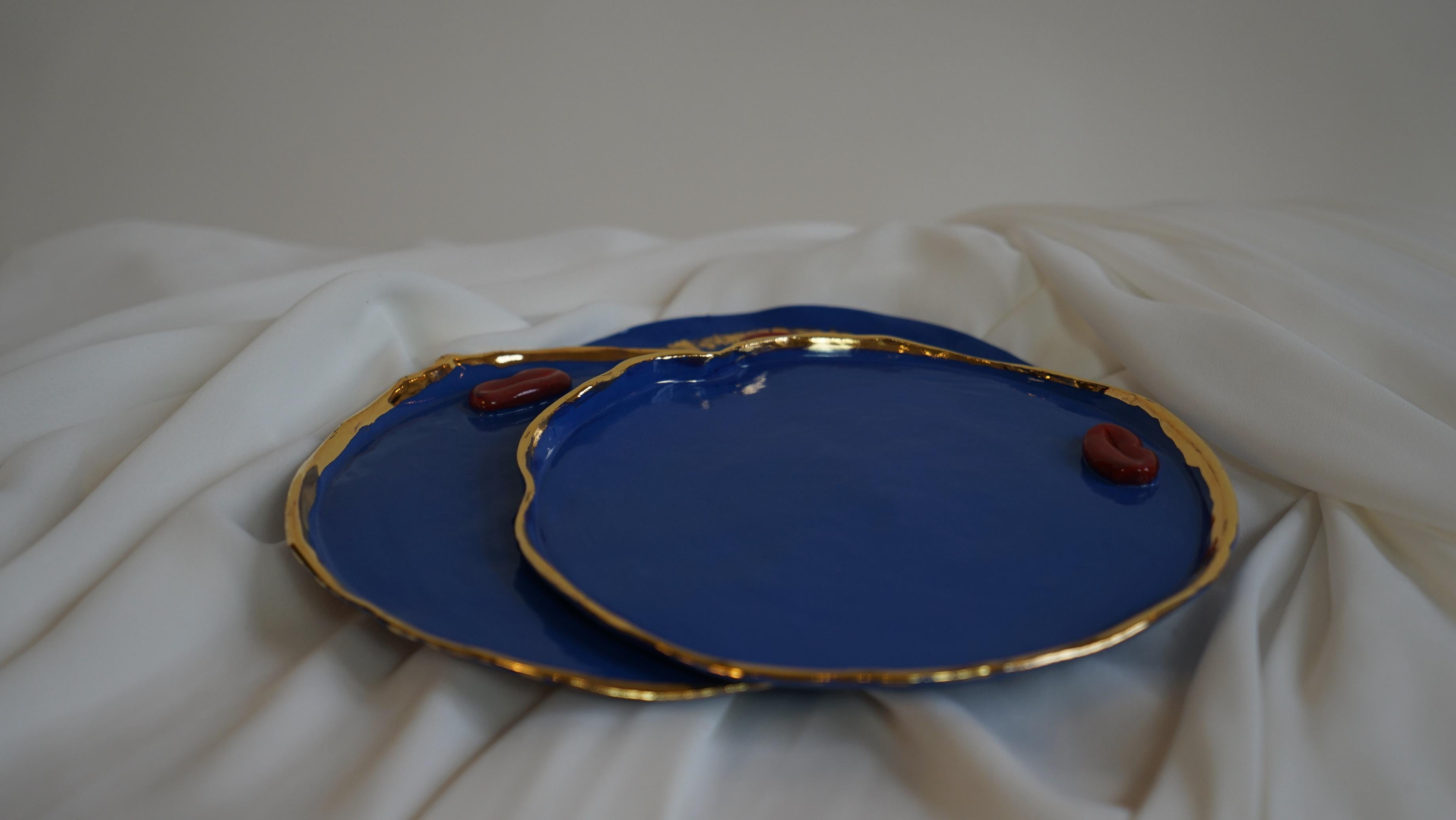 Lips Desert Plates in Blue Porcelain by artist - designer Hania Jneid In New Condition For Sale In BARCELONA, ES