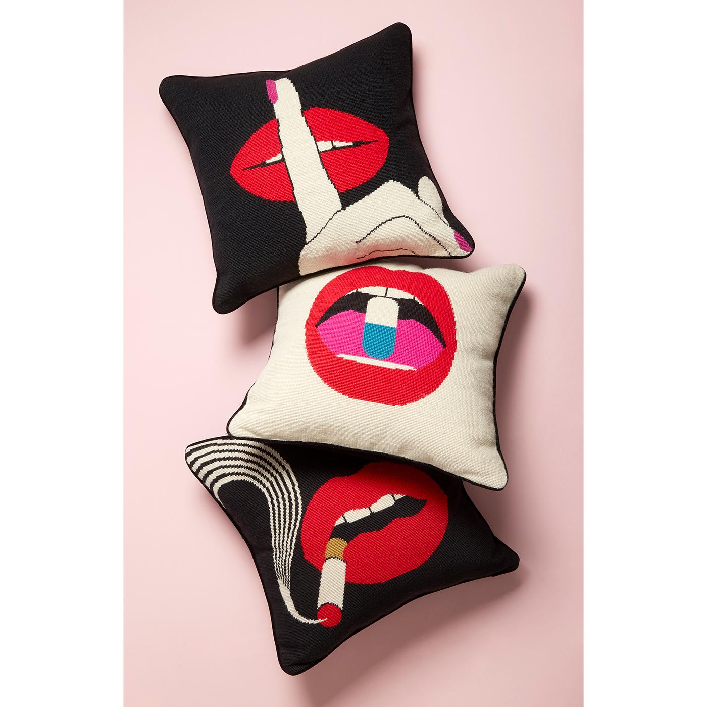 Lips ‘Full Dose’ Needlepoint Throw Pillow In New Condition In New York, NY