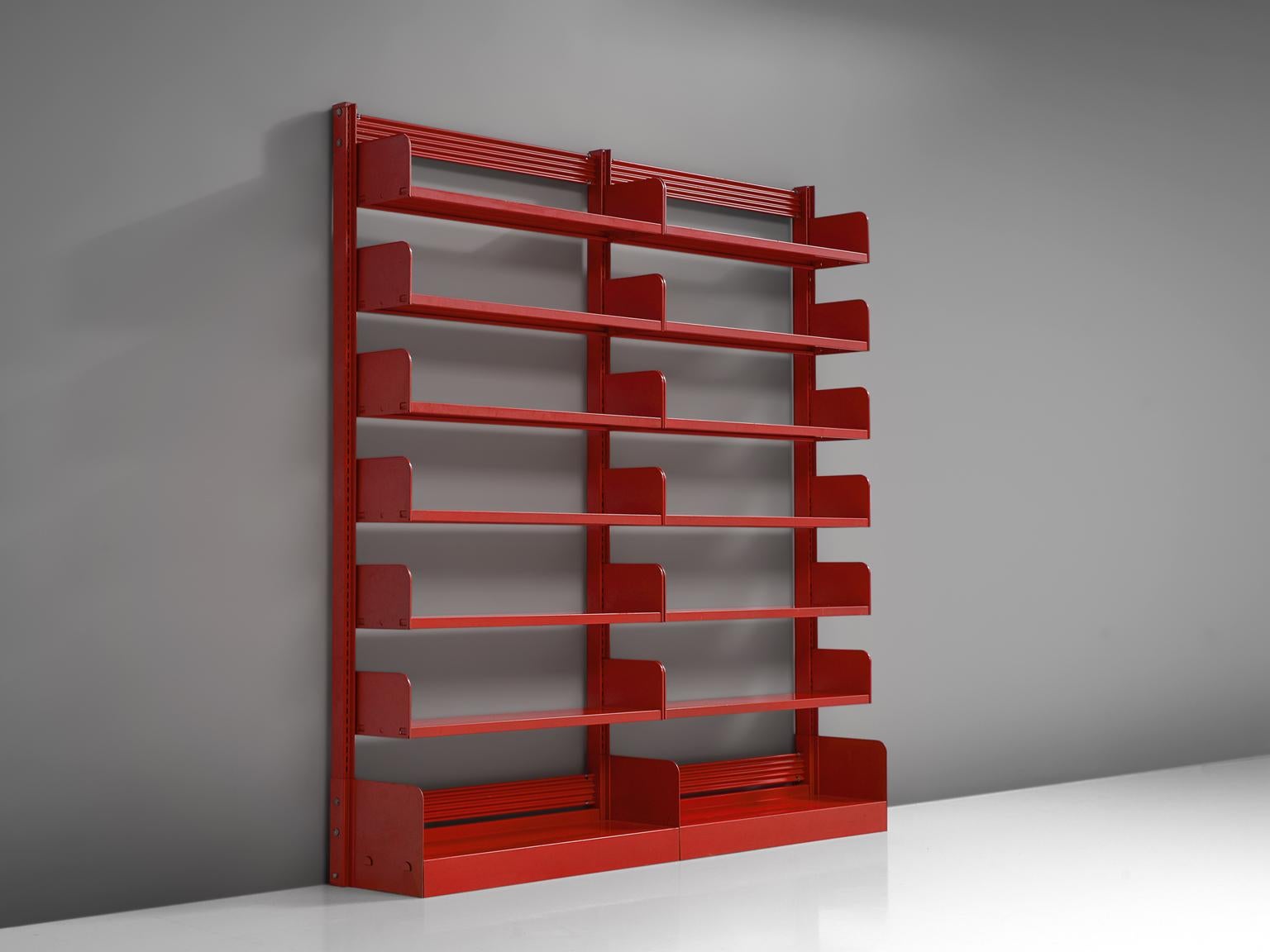 red metal bookcase