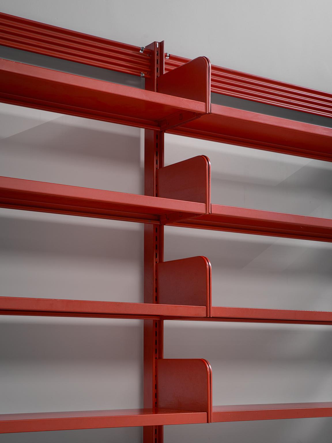 red metal bookshelf