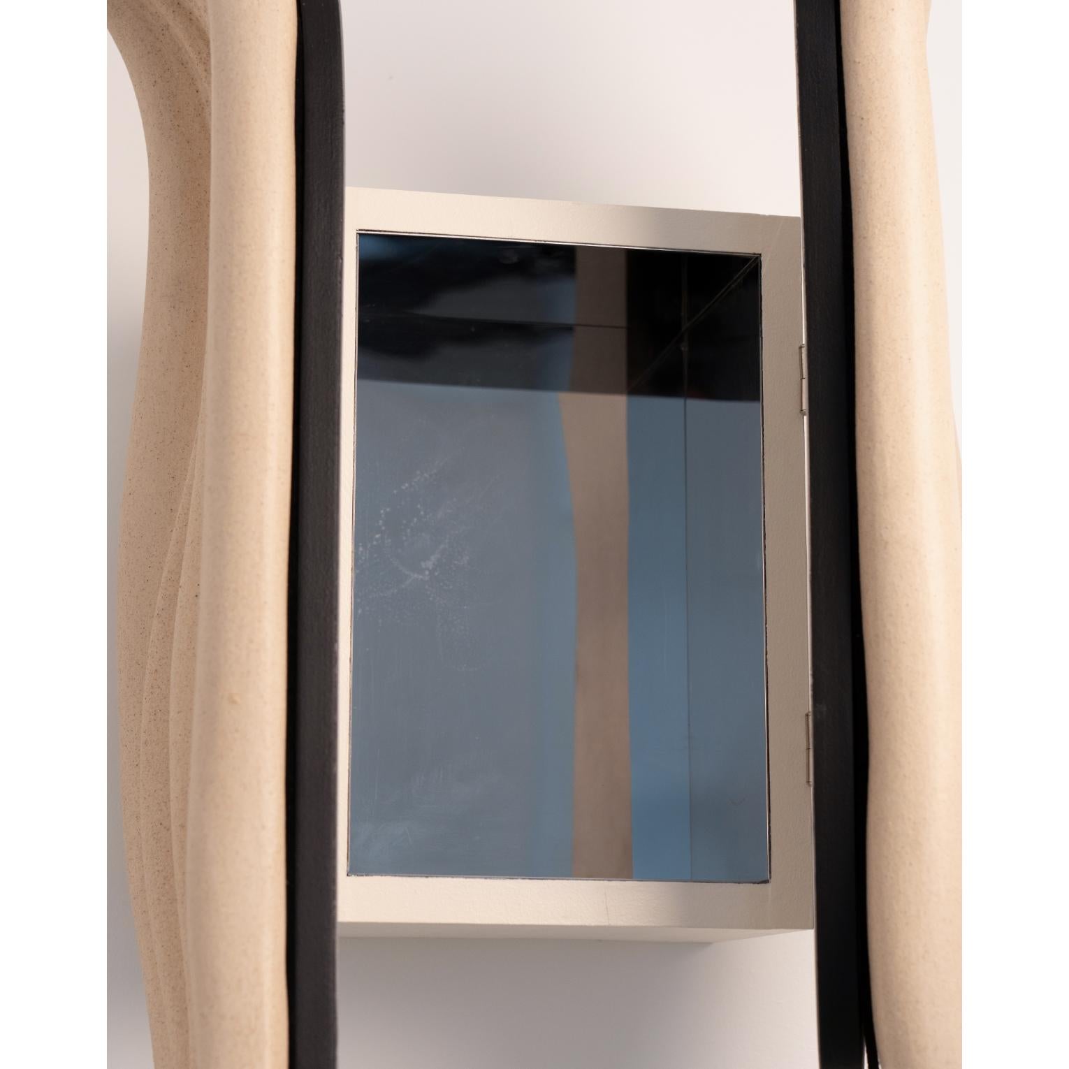 Lipsanothèque by Elsa Foulon
Unique piece
Dimensions: D 25 x W 48 x H 73 cm.
Materials: Ceramic, cristal di aqua, black lacquered wood, brass mirror, bismuth.

Inconsistency in texture, shape, and color may occur due to its natural material and