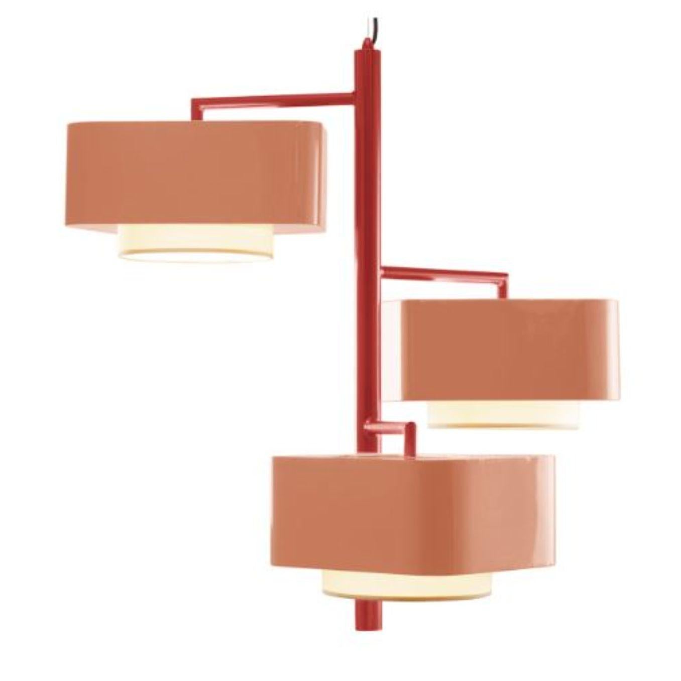 Lipstick and Salmon Carousel I suspension lamp by Dooq
Dimensions: W 97 x D 97 x H 86 cm
Materials: lacquered metal.
abat-jour: cotton
Also available in different colors.

Information:
230V/50Hz
E27/3x20W LED
120V/60Hz
E26/3x15W LED
bulbs not
