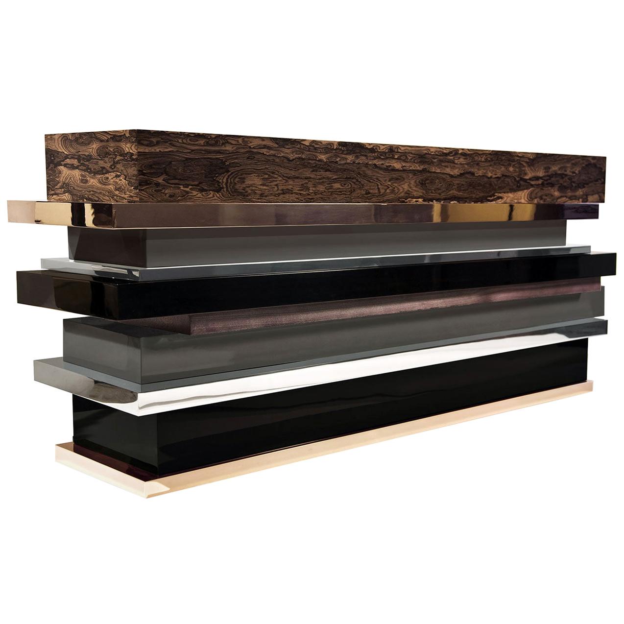 Lipstick Console: Meticulous Layers of Wood, Stainless Steel, Lacquer and Bronze