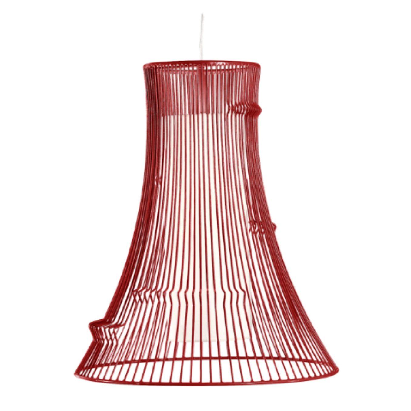 Lipstick extrude suspension lamp by Dooq.
Dimensions: W 60 x D 60 x H 70 cm.
Materials: lacquered metal
Abat-jour: cotton
Also available in different colors and materials. 

Information:
230V/50Hz
E27/1x20W LED
120V/60Hz
E26/1x15W LED
bulb not
