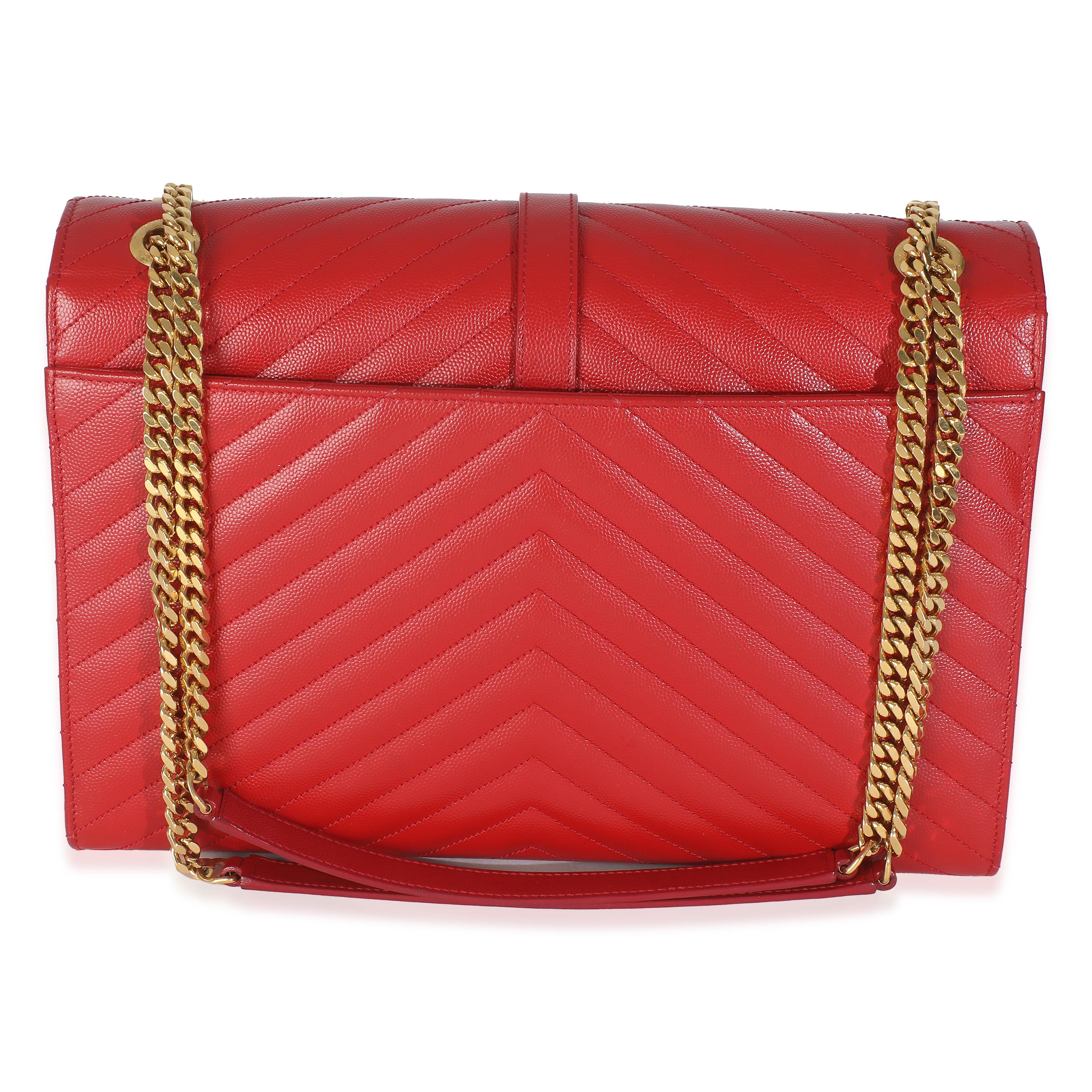 Listing Title: Lipstick Red Grain De Poudre Large Envelope Flap
SKU: 146271
Condition: Pre-owned 
Handbag Condition: Very Good
Condition Comments: Item is in very good condition with minor signs of wear.  Mild scuffing along corners and wear along