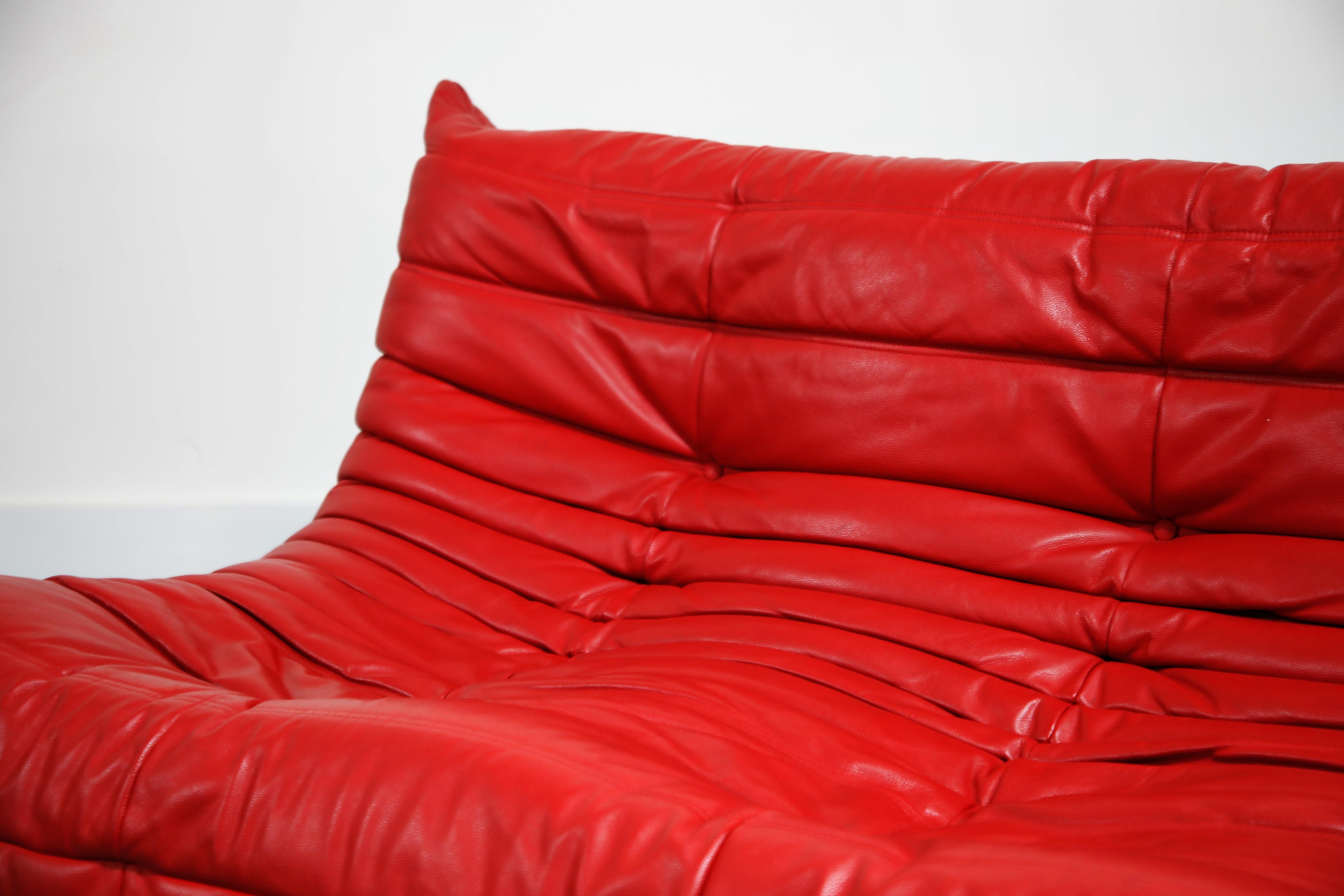 Lipstick Red Leather Togo Sofa by Michel Ducaroy for Ligne Roset, Signed, 1980s 3