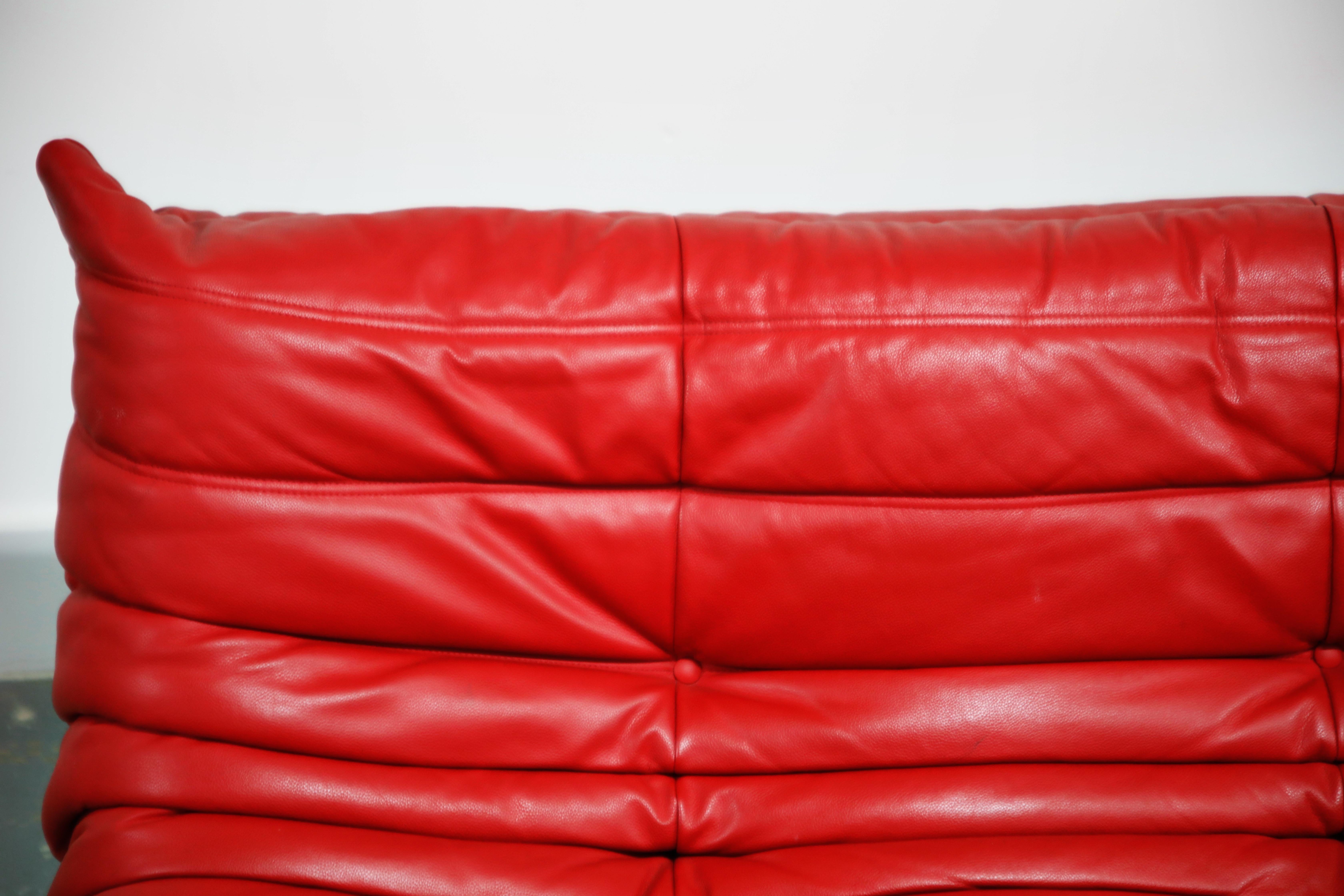 Lipstick Red Leather Togo Sofa by Michel Ducaroy for Ligne Roset, Signed, 1980s 4