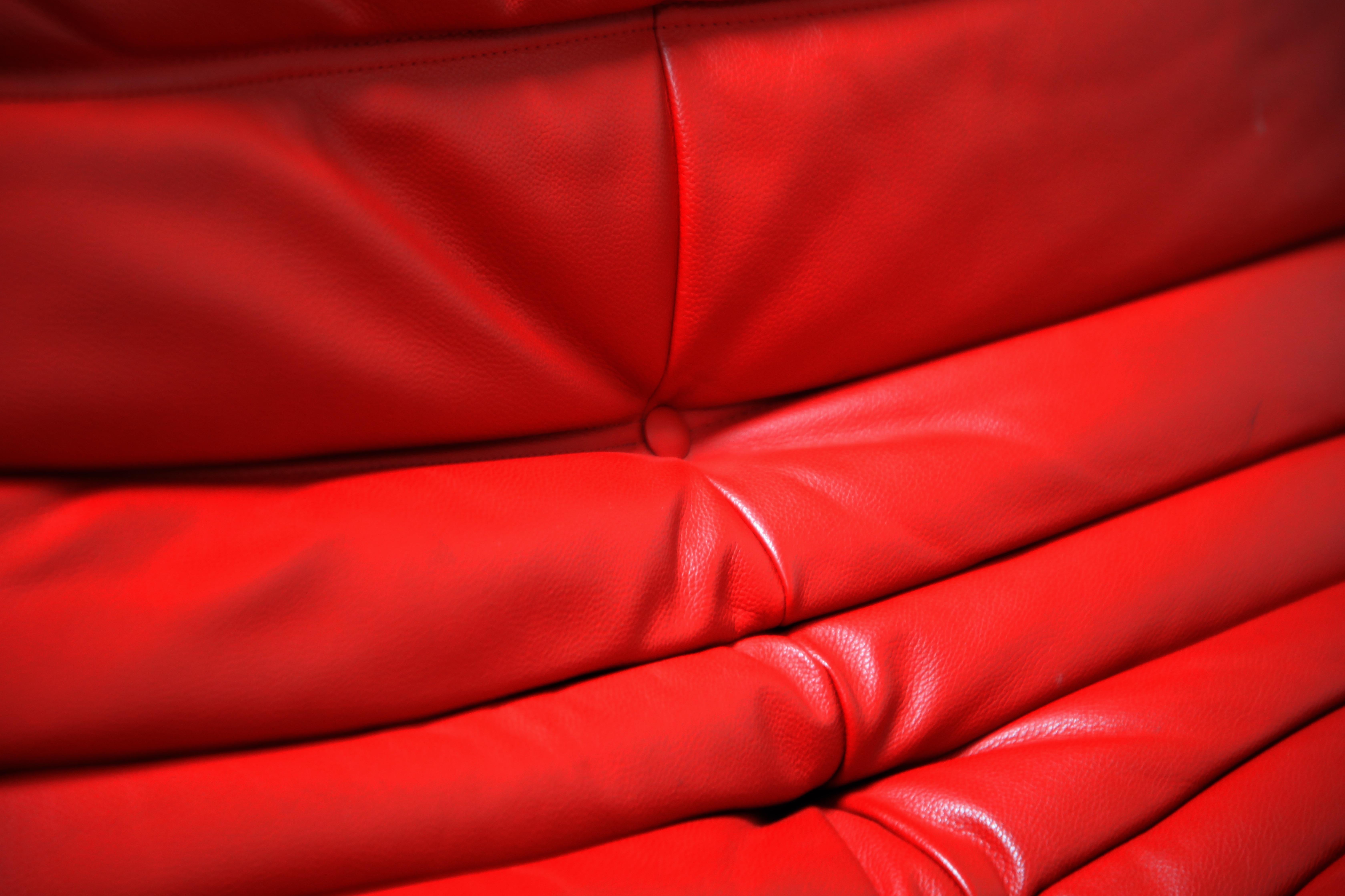 Lipstick Red Leather Togo Sofa by Michel Ducaroy for Ligne Roset, Signed, 1980s 5
