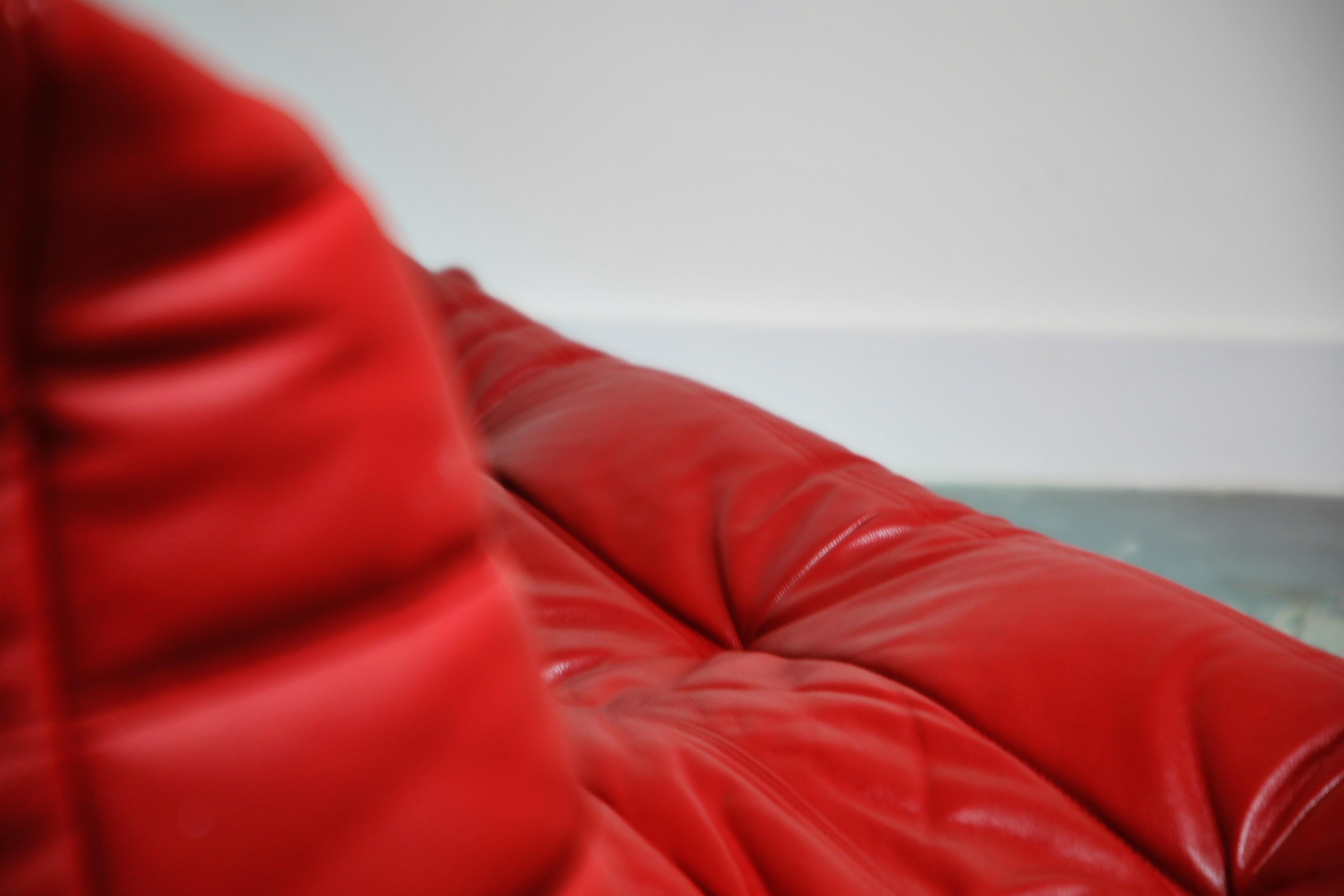 Lipstick Red Leather Togo Sofa by Michel Ducaroy for Ligne Roset, Signed, 1980s 6