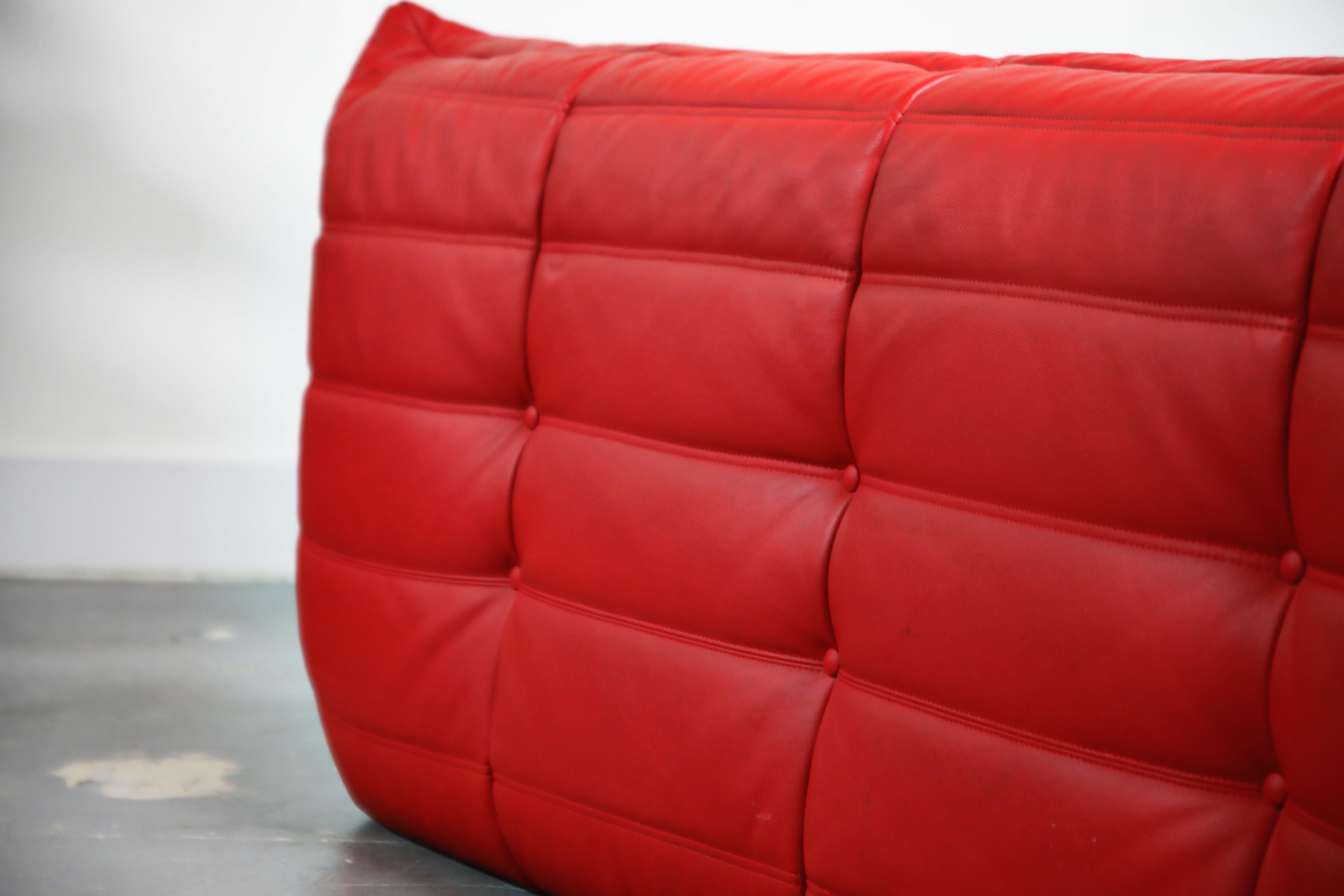 Lipstick Red Leather Togo Sofa by Michel Ducaroy for Ligne Roset, Signed, 1980s 9