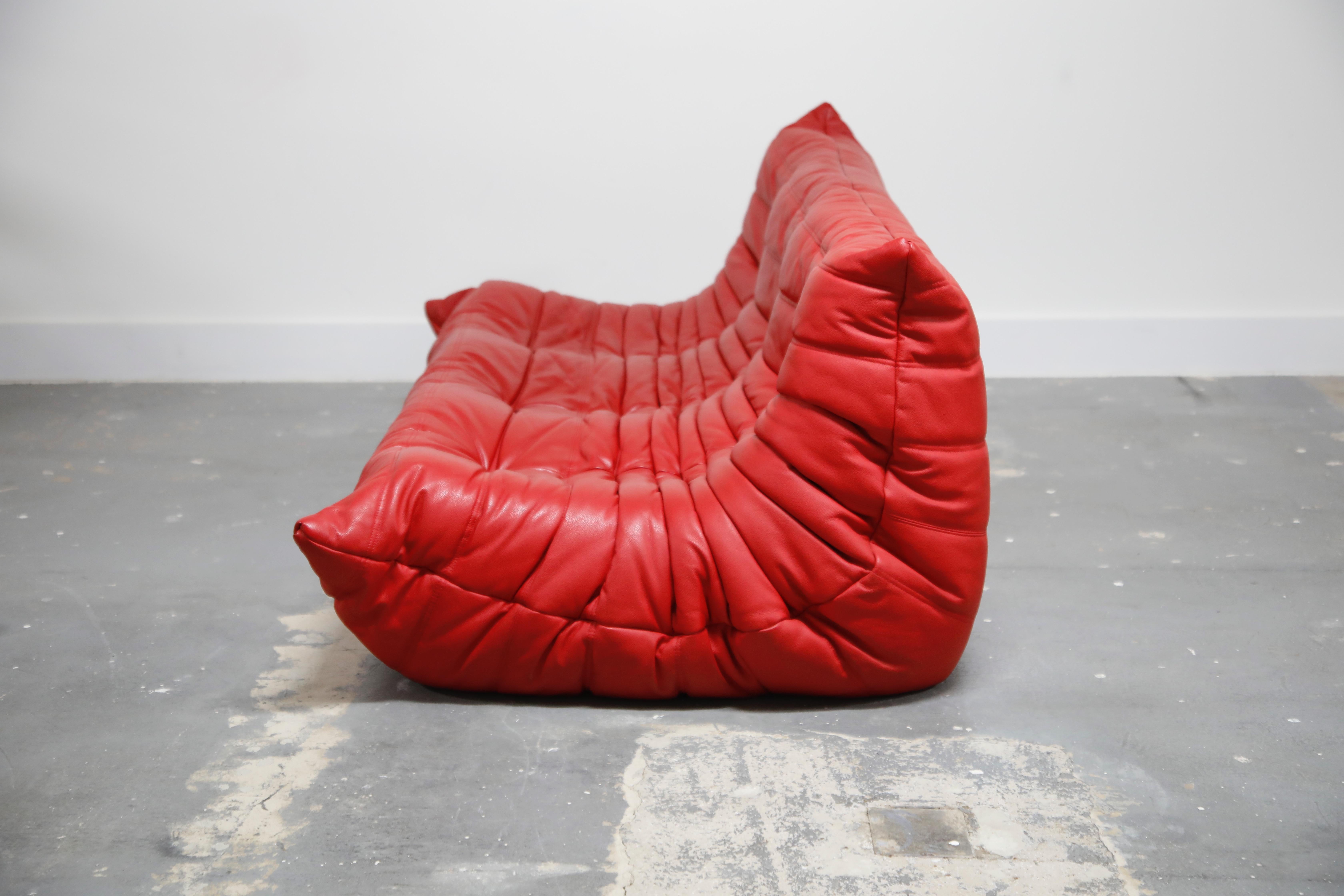 French Lipstick Red Leather Togo Sofa by Michel Ducaroy for Ligne Roset, Signed, 1980s