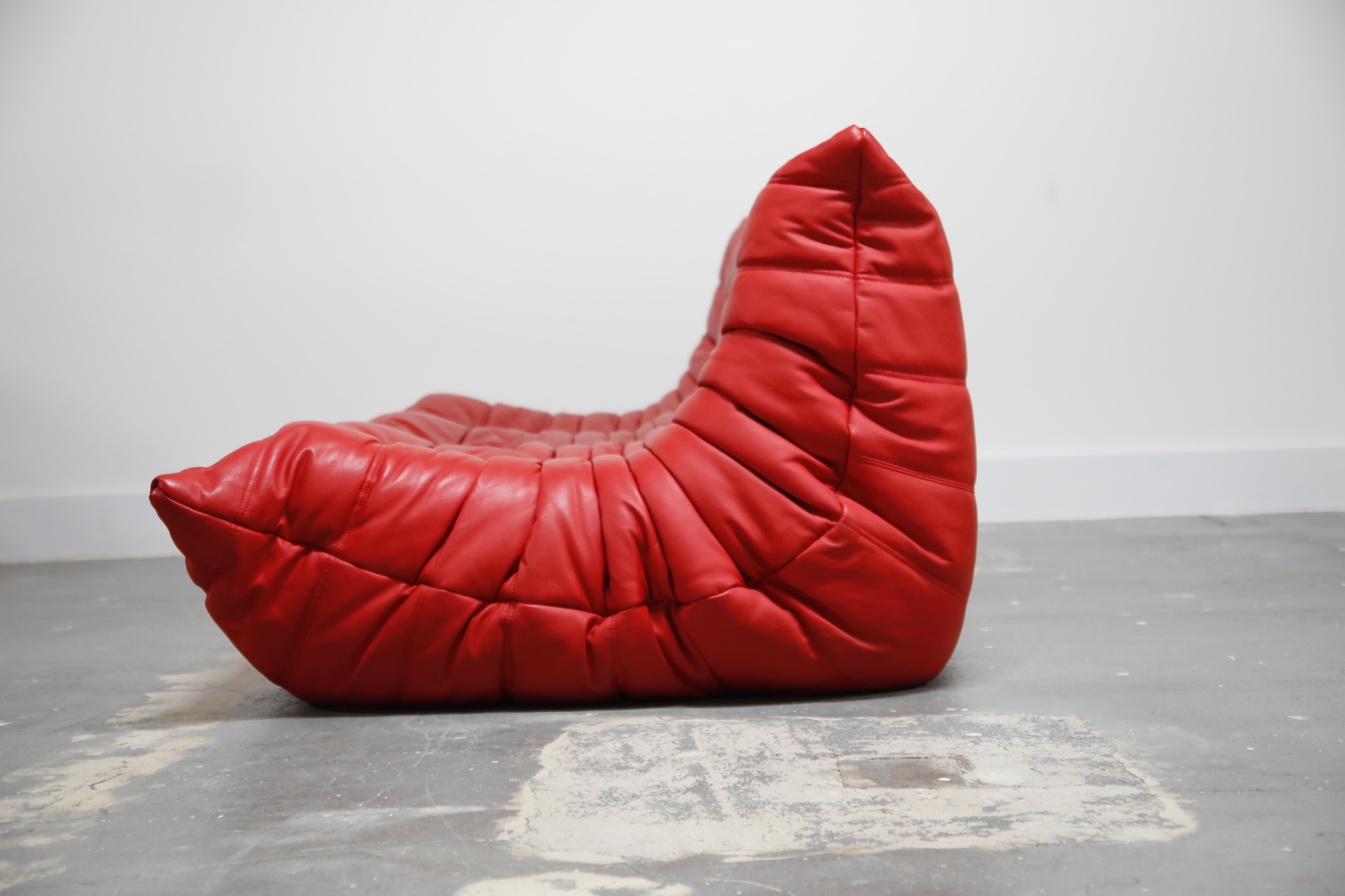 Mid-20th Century Lipstick Red Leather Togo Sofa by Michel Ducaroy for Ligne Roset, Signed, 1980s