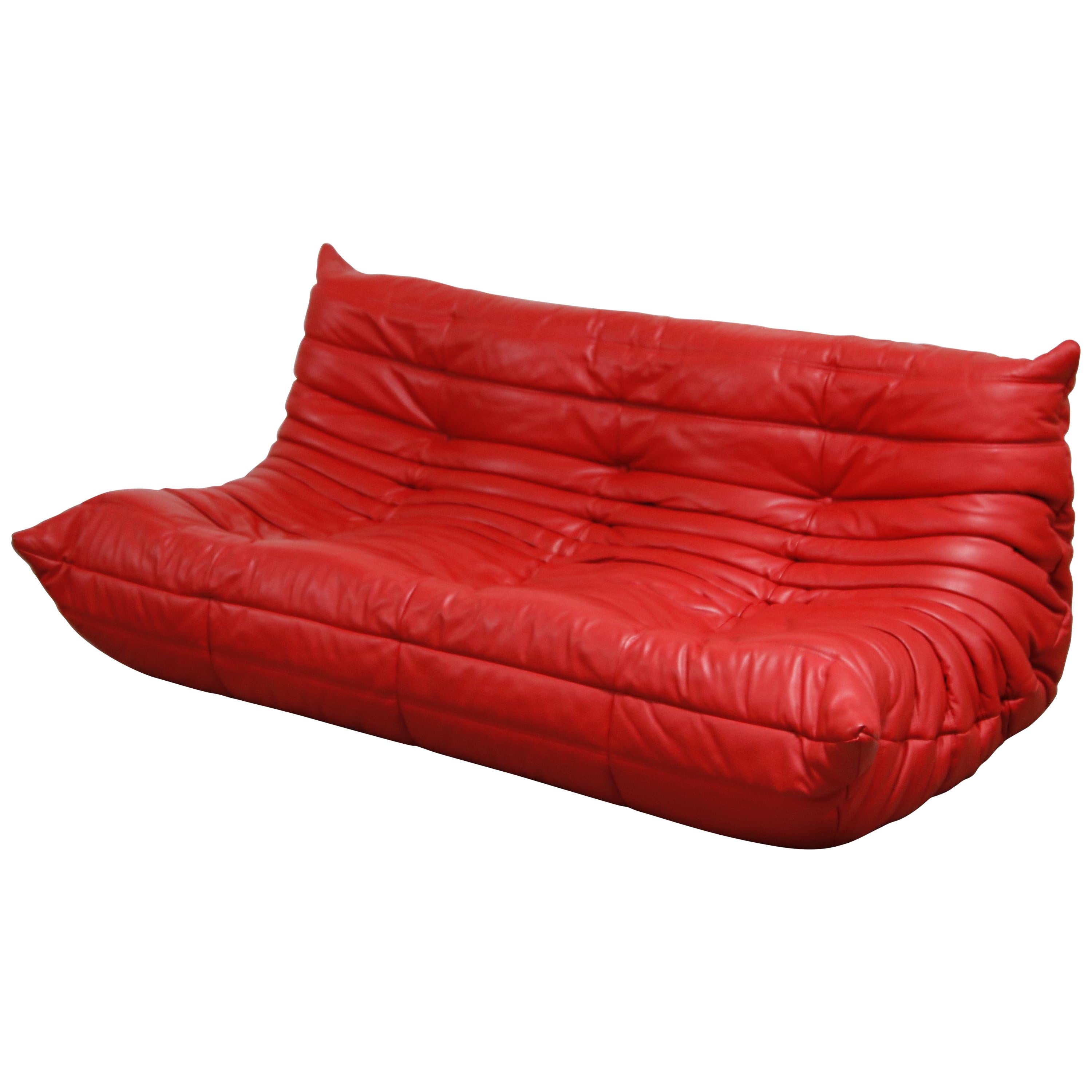 Lipstick Red Leather Togo Sofa by Michel Ducaroy for Ligne Roset, Signed, 1980s