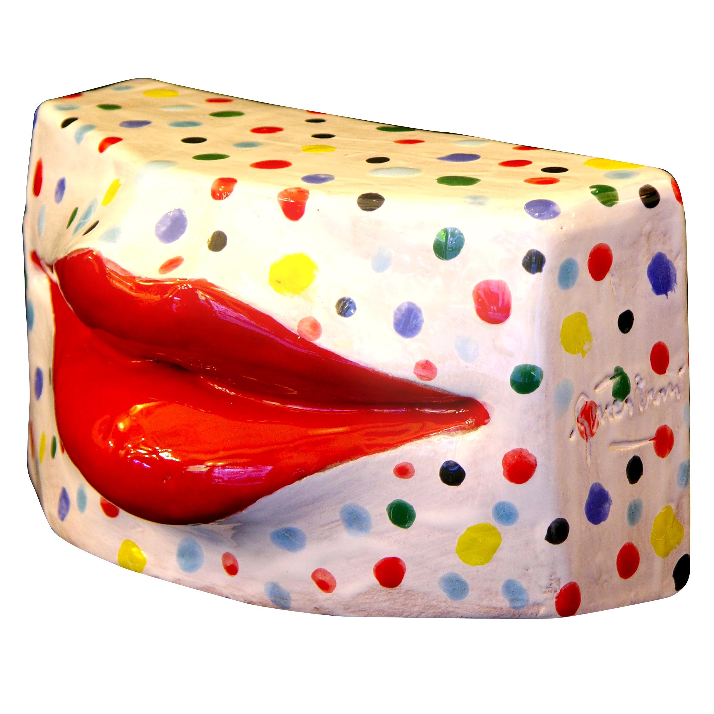 Lipstick Red Lips Modern Terracotta Kiss Sculpture with Multicolor Dots on White