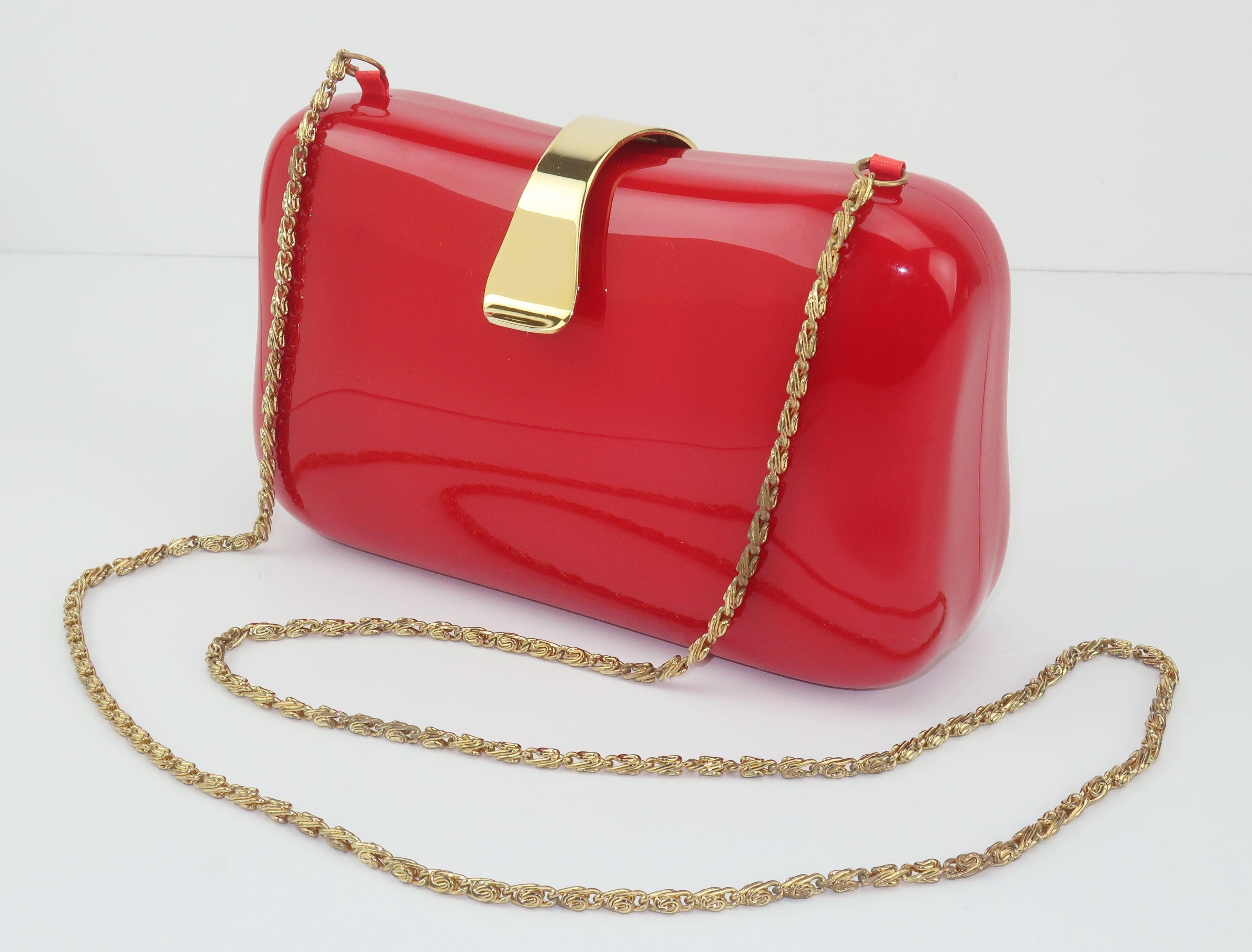 Lipstick Red Lucite Box Handbag, 1980's In Good Condition In Atlanta, GA