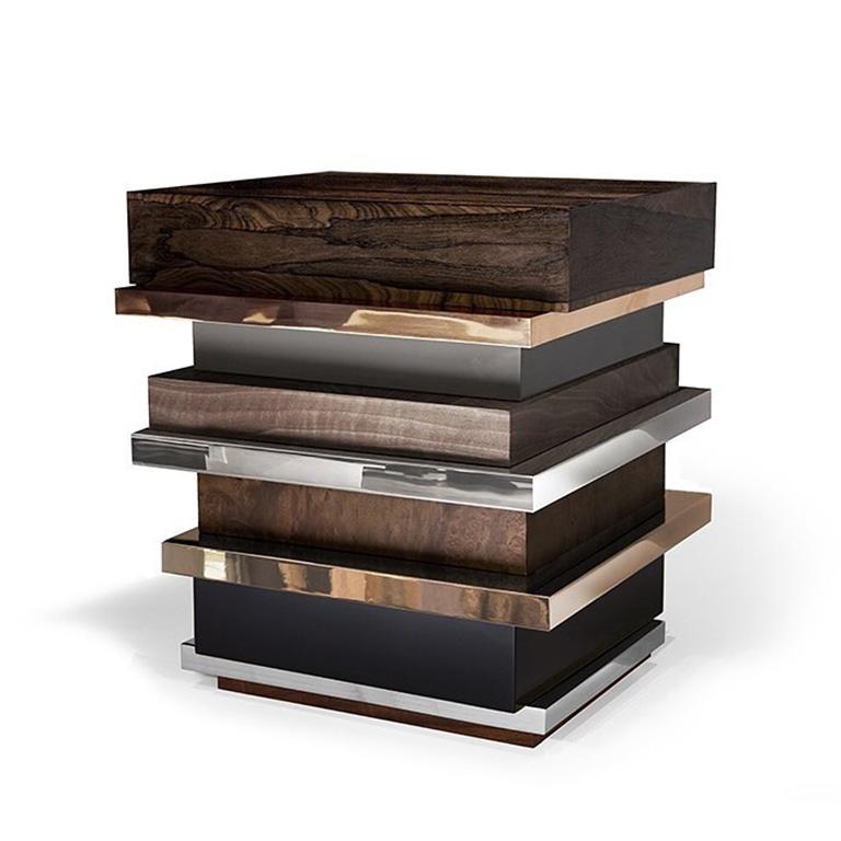 Lipstick Side Table Bronze Stainless Steel Walnut Zirciote Lacquer Hudson