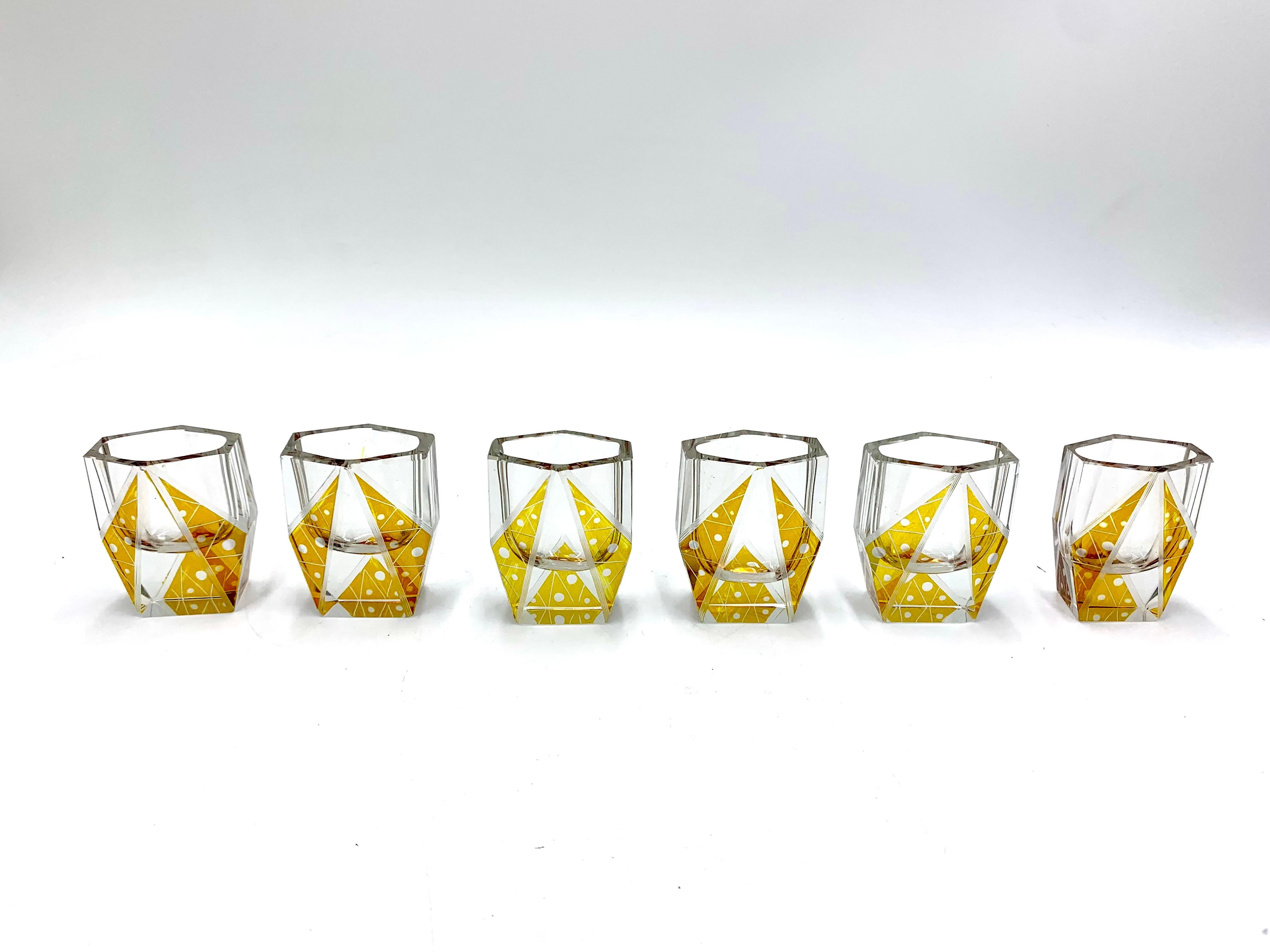 Liqueur Art Deco Set Decanter + 6 Glasses, Moser, Czechoslovakia, 1930s In Good Condition In Chorzów, PL