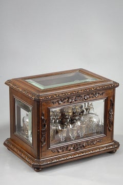 Liqueur Cellar in Carved Wood "Black Forest" and Crystal, Late 19th Century