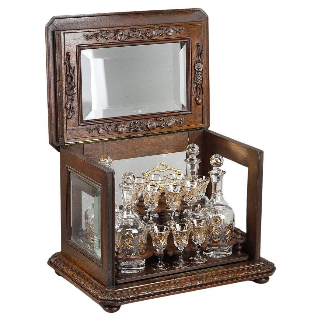 Liqueur Cellar in Carved Wood "Black Forest" and Crystal, Late 19th Century For Sale