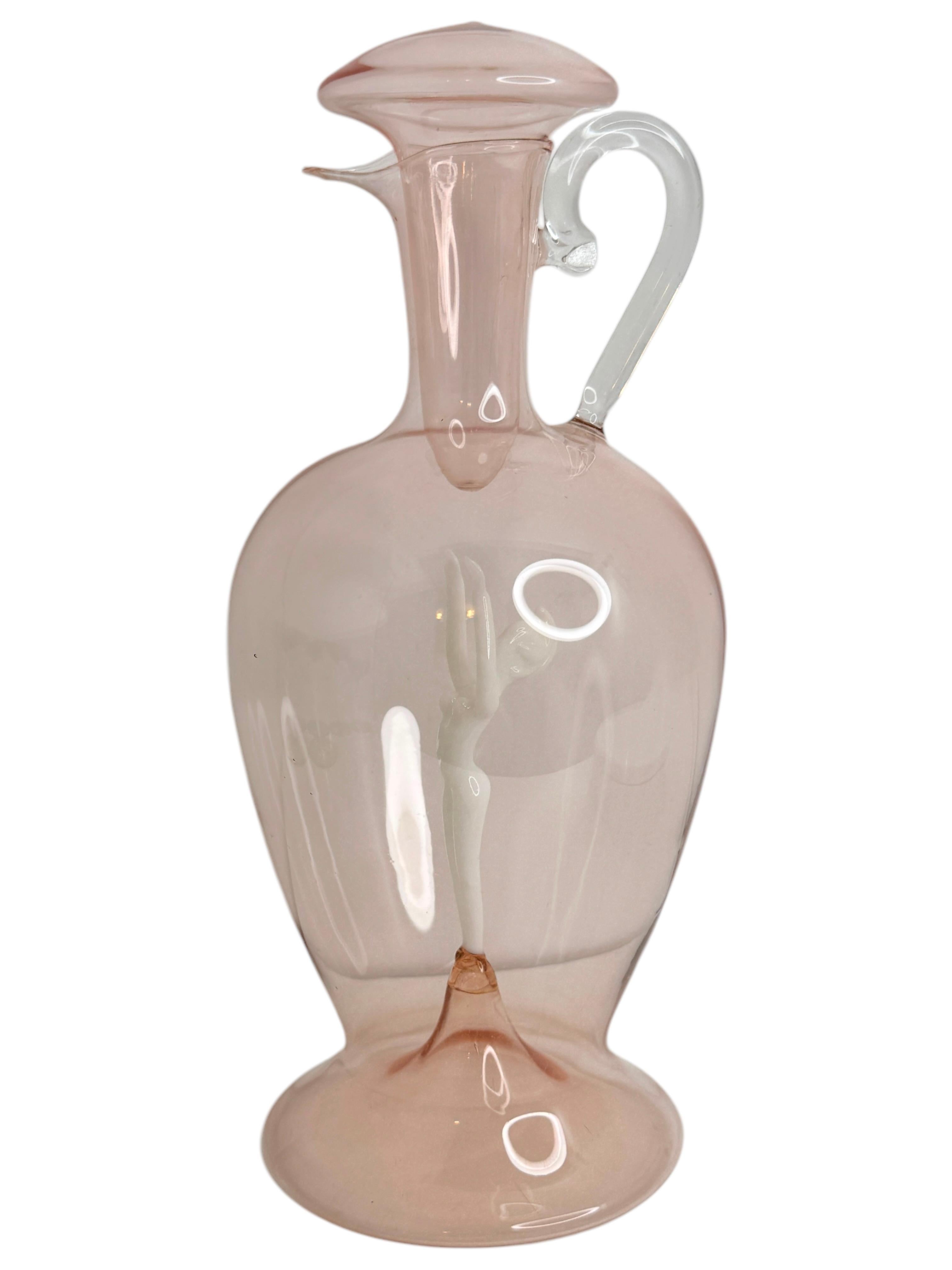 Hand-Crafted Liqueur Decanter Light Pink Glass, Nude Lady, Bimini Art Vintage Austria For Sale