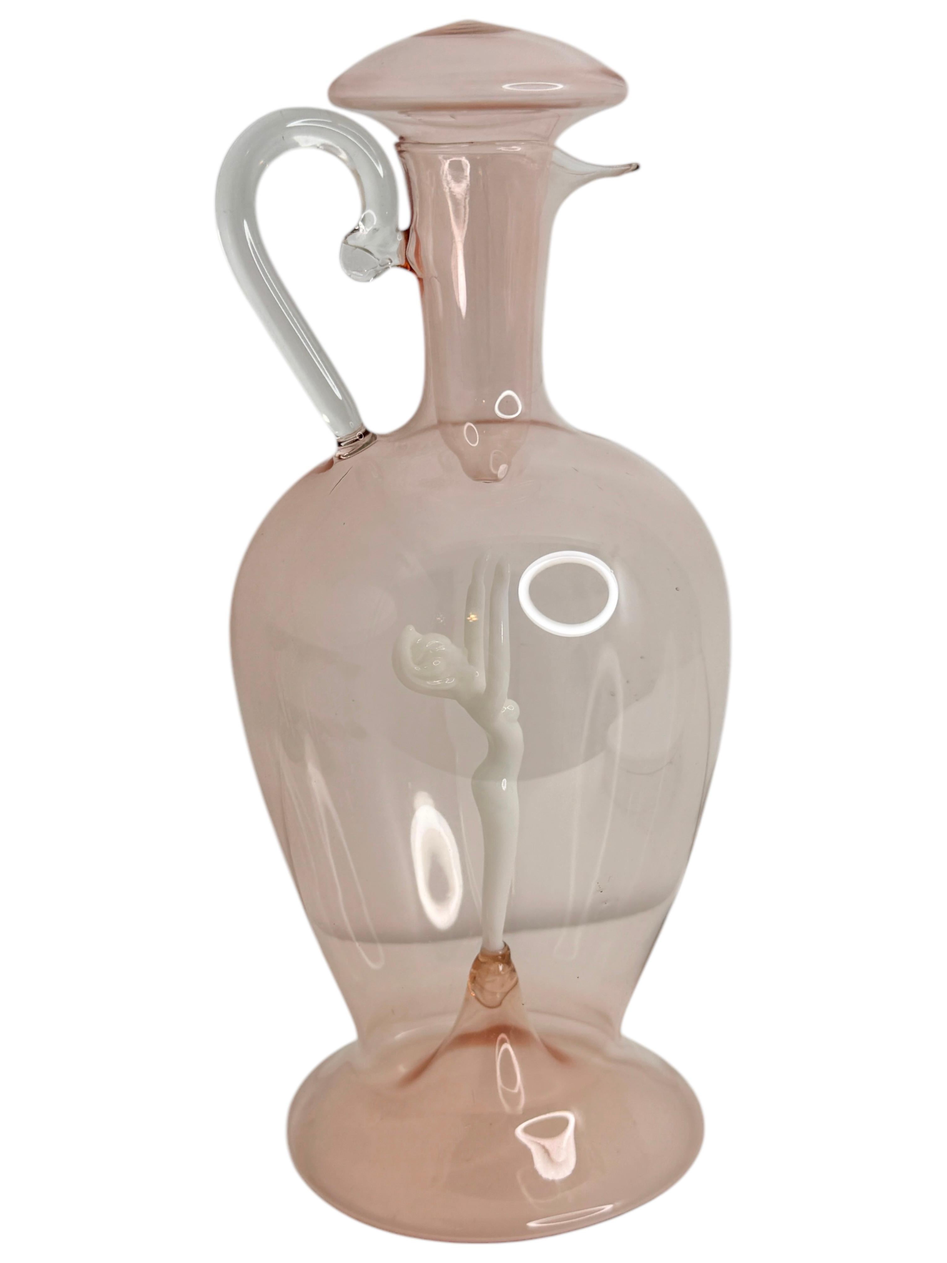 Early 20th Century Liqueur Decanter Light Pink Glass, Nude Lady, Bimini Art Vintage Austria For Sale