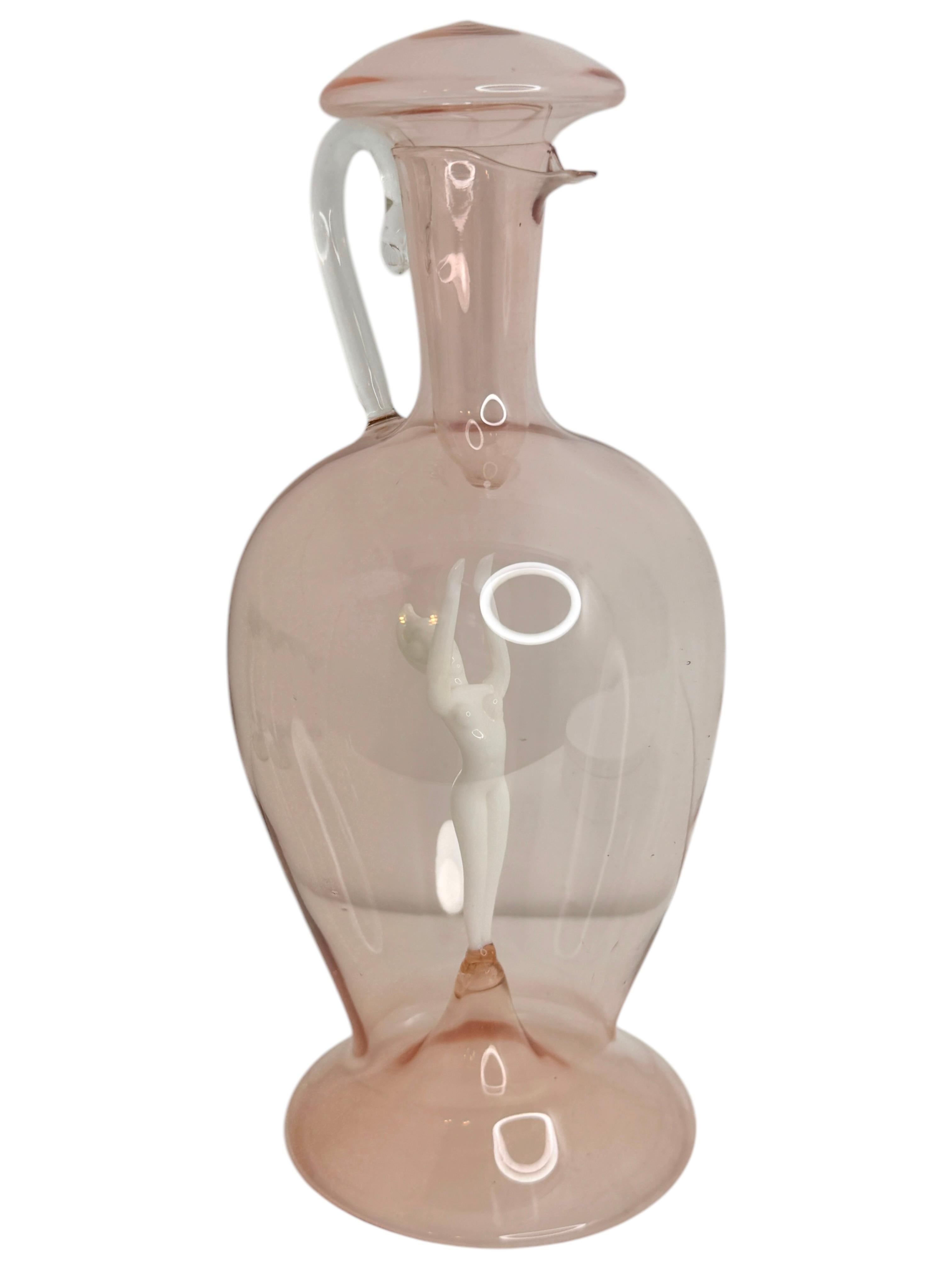 Blown Glass Liqueur Decanter Light Pink Glass, Nude Lady, Bimini Art Vintage Austria For Sale