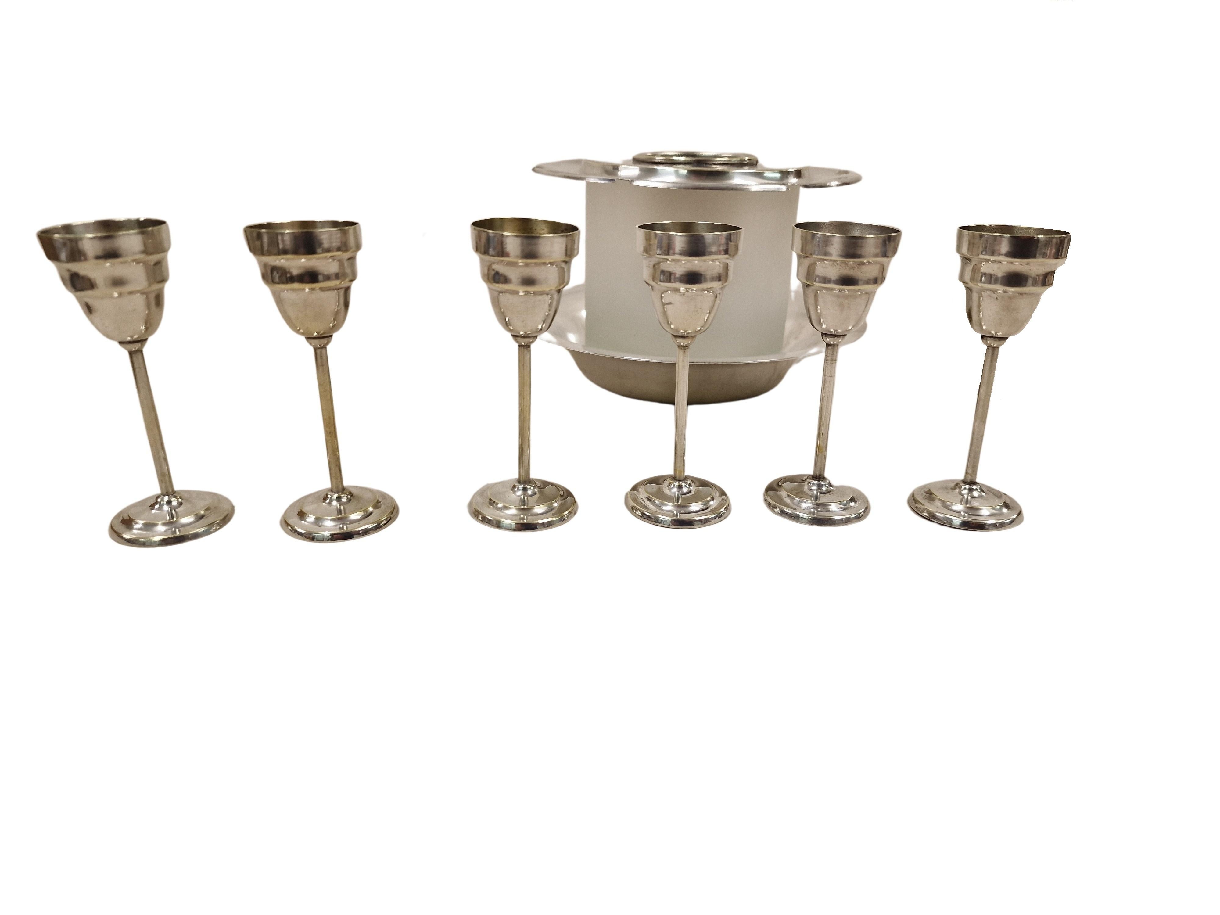 Liqueur set, silvered, 1 bottle with 6 cups, cooler system, WMF 1930s Germany For Sale 1