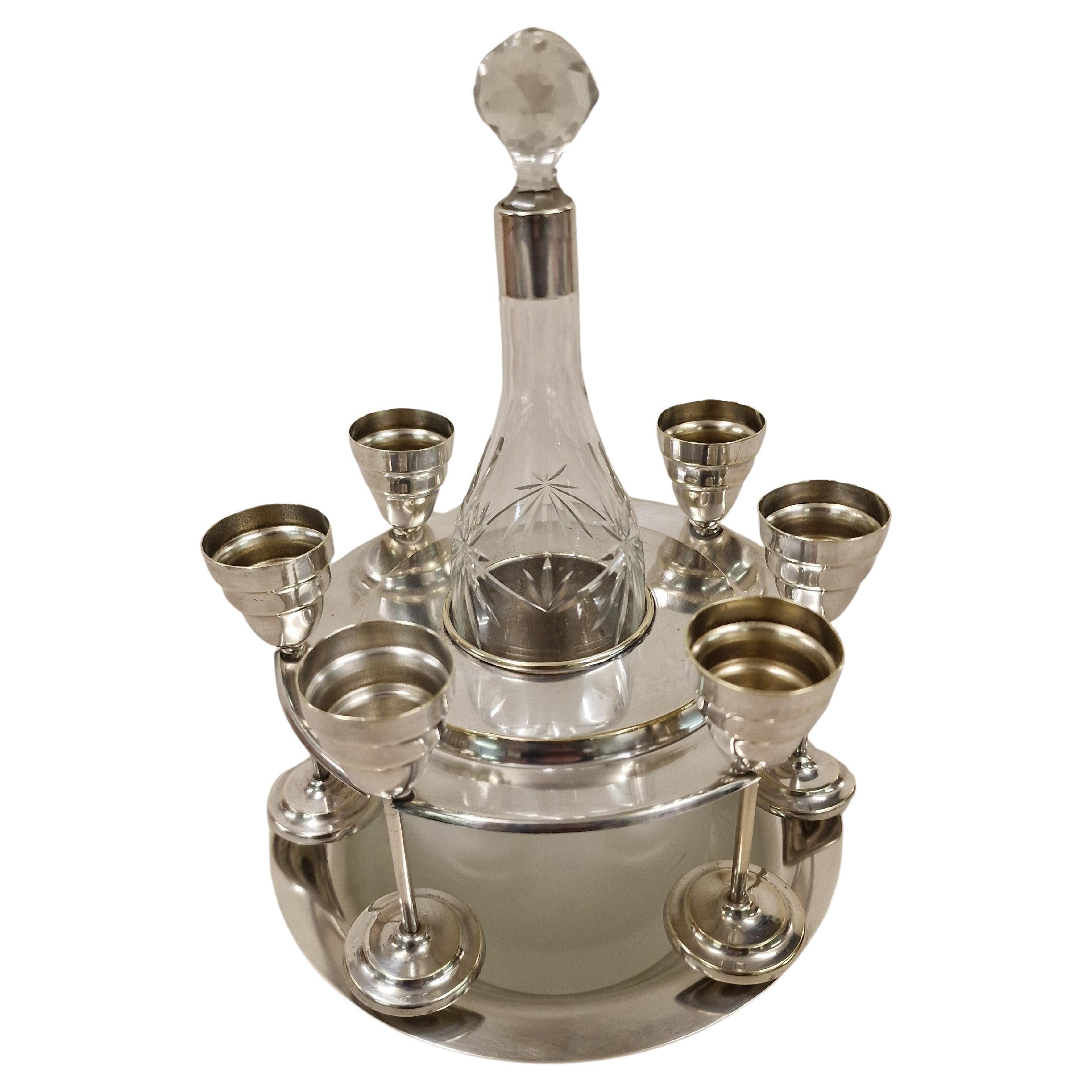 Liqueur set, silvered, 1 bottle with 6 cups, cooler system, WMF 1930s Germany For Sale