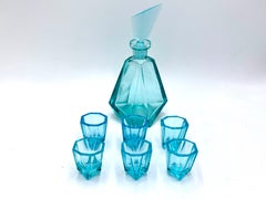 Liqueur Set Turquoise Art Deco Decanter with 6 Glasses, Czechoslovakia, 1930s