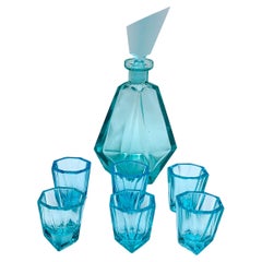 Liqueur Set Turquoise Art Deco Decanter with 6 Glasses, Czechoslovakia, 1930s