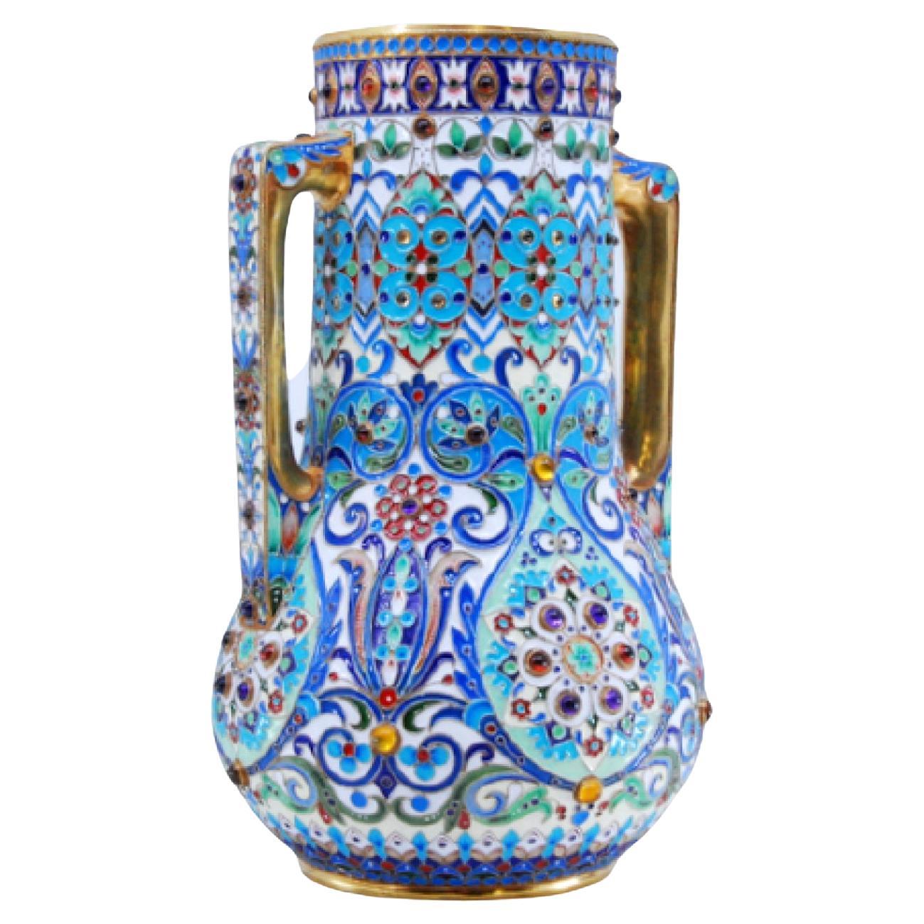 Liquid container in gilded silver with cloisonné enamels in the Russian style For Sale