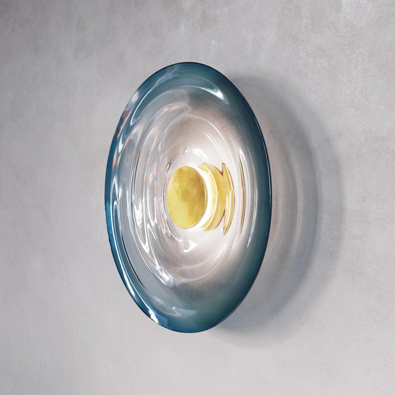 Organic Modern 'Liquid Ocean' Hand-Blown Blue Gradient Glass & Aged Brass Wall Light, Sconce For Sale