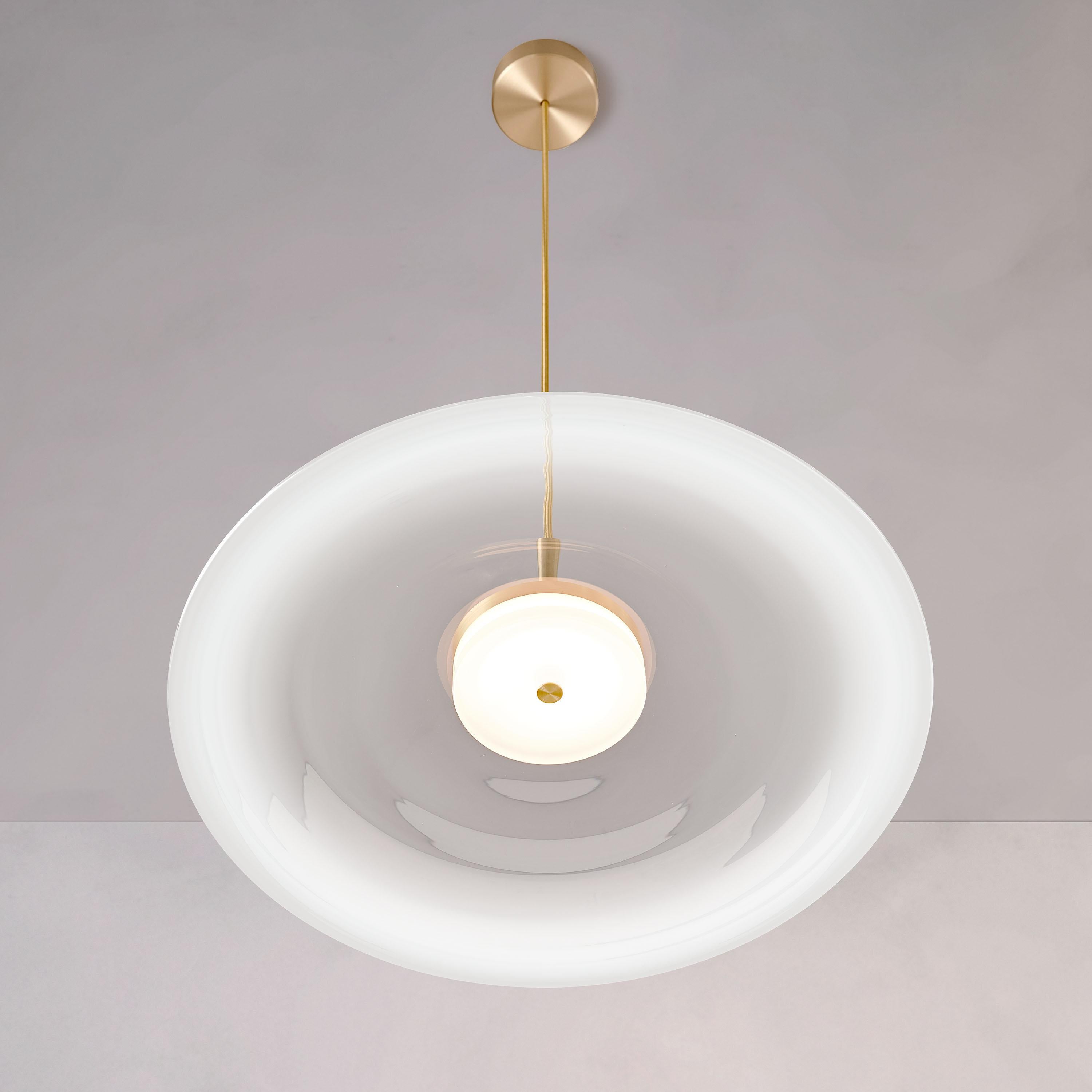 British ‘Liquid Pendant Alabaster’ White Gradient Glass and Satin Brass Ceiling Light For Sale