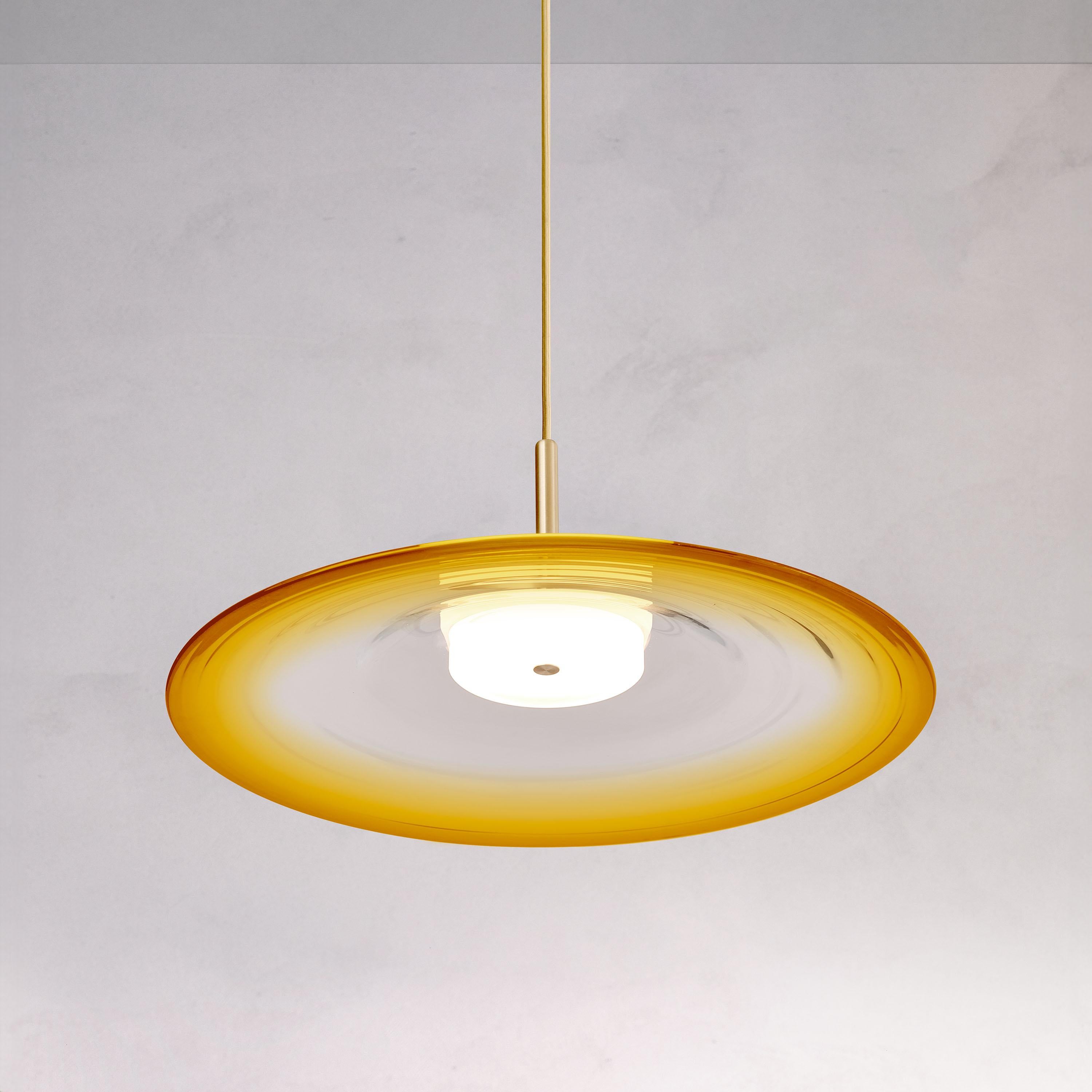 Organic Modern ‘Liquid Pendant Amber’ Yellow Gradient Glass & Satin Brass Ceiling Light For Sale