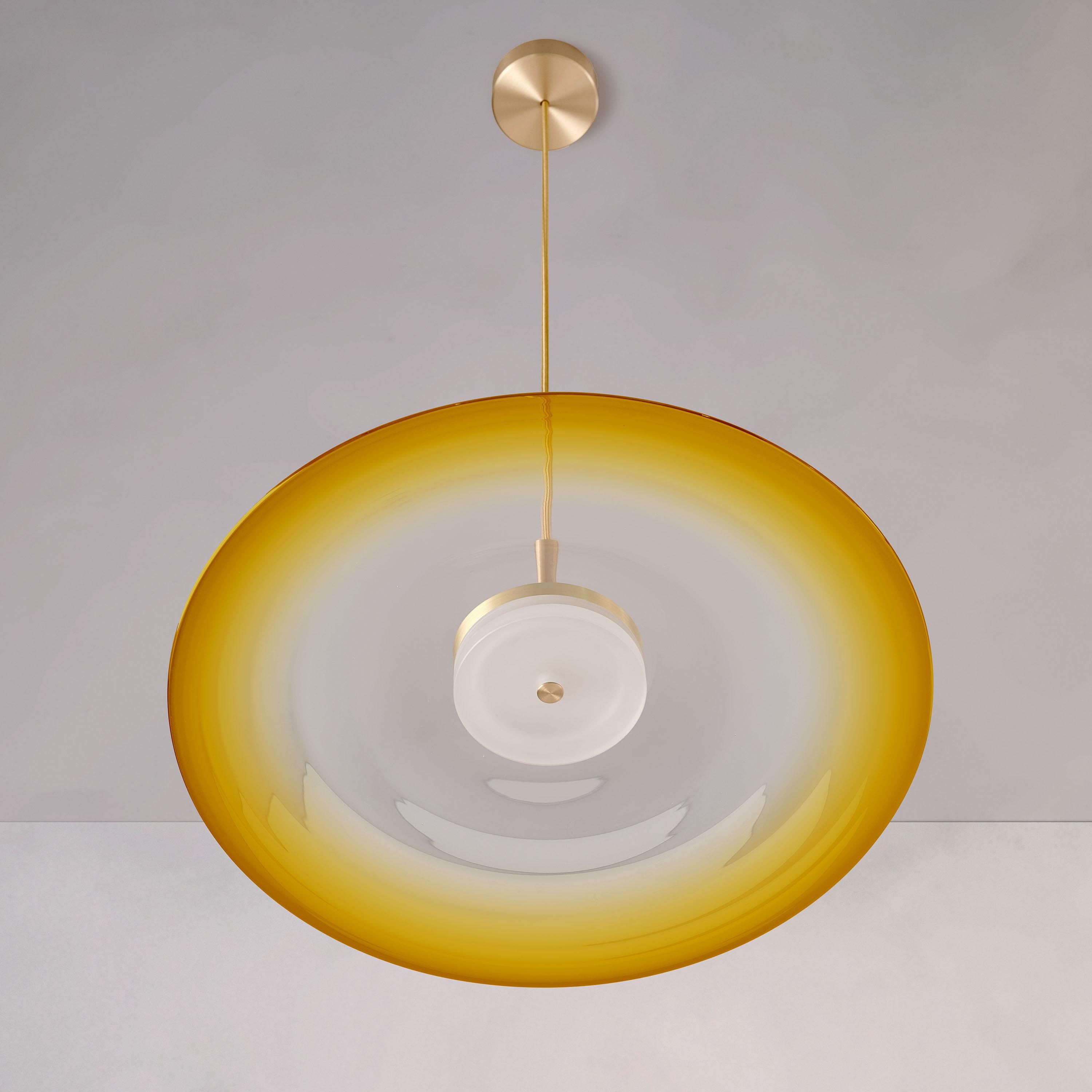 Patinated ‘Liquid Pendant Amber’ Yellow Gradient Glass & Satin Brass Ceiling Light For Sale