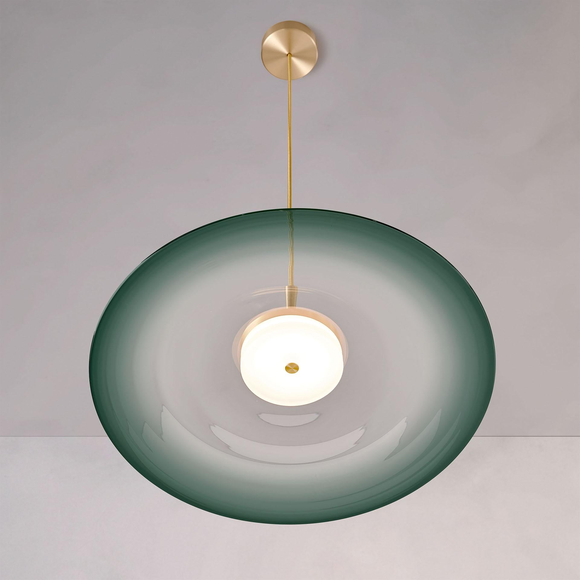 British ‘Liquid Pendant Jade’ Handmade Green Gradient Glass & Satin Brass Ceiling Light For Sale